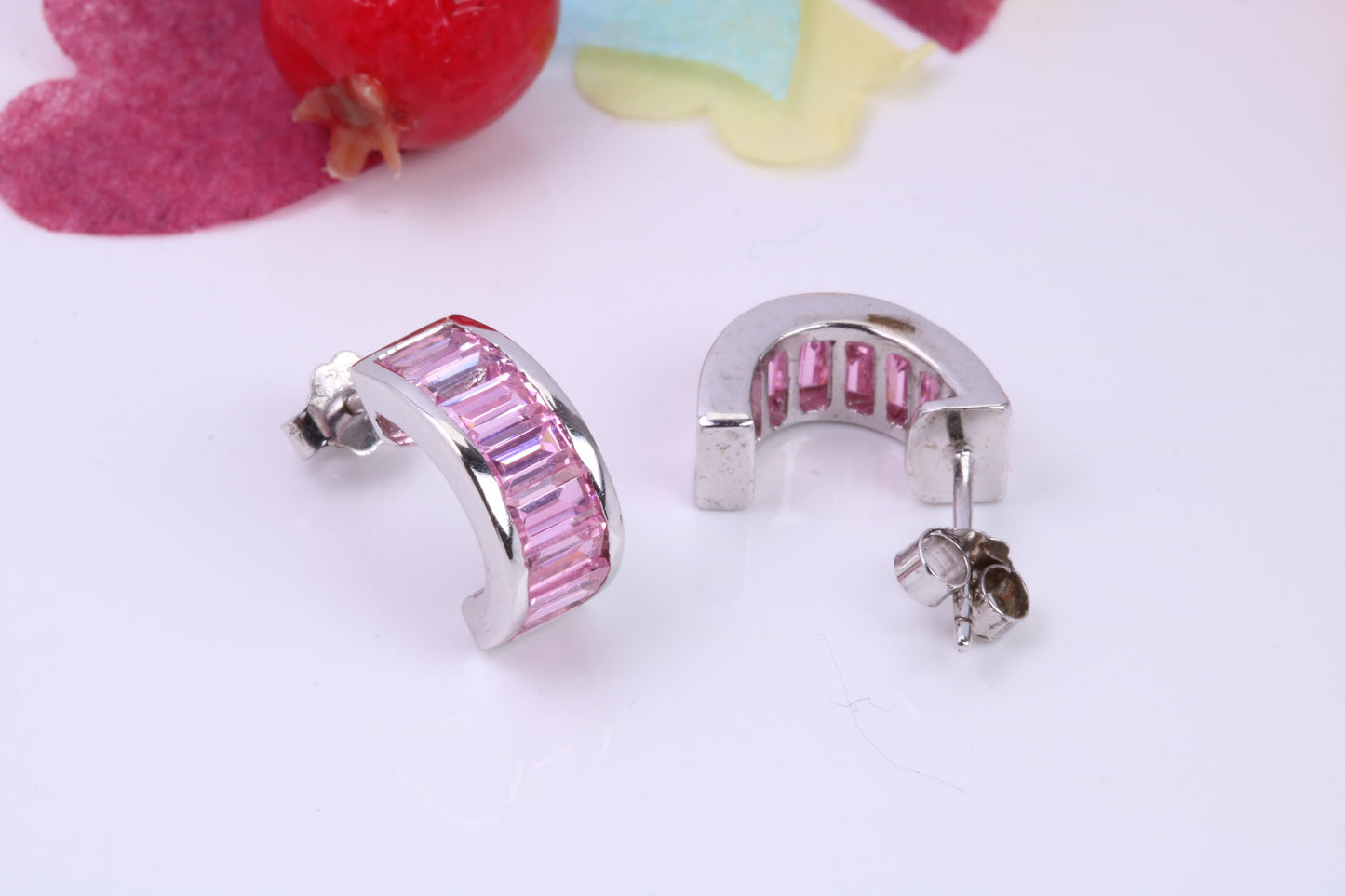 Half Hoop Pink Cubic Zirconia set Stud Earrings, Very Dressy, Made from Solid 925 Grade Sterling Silver