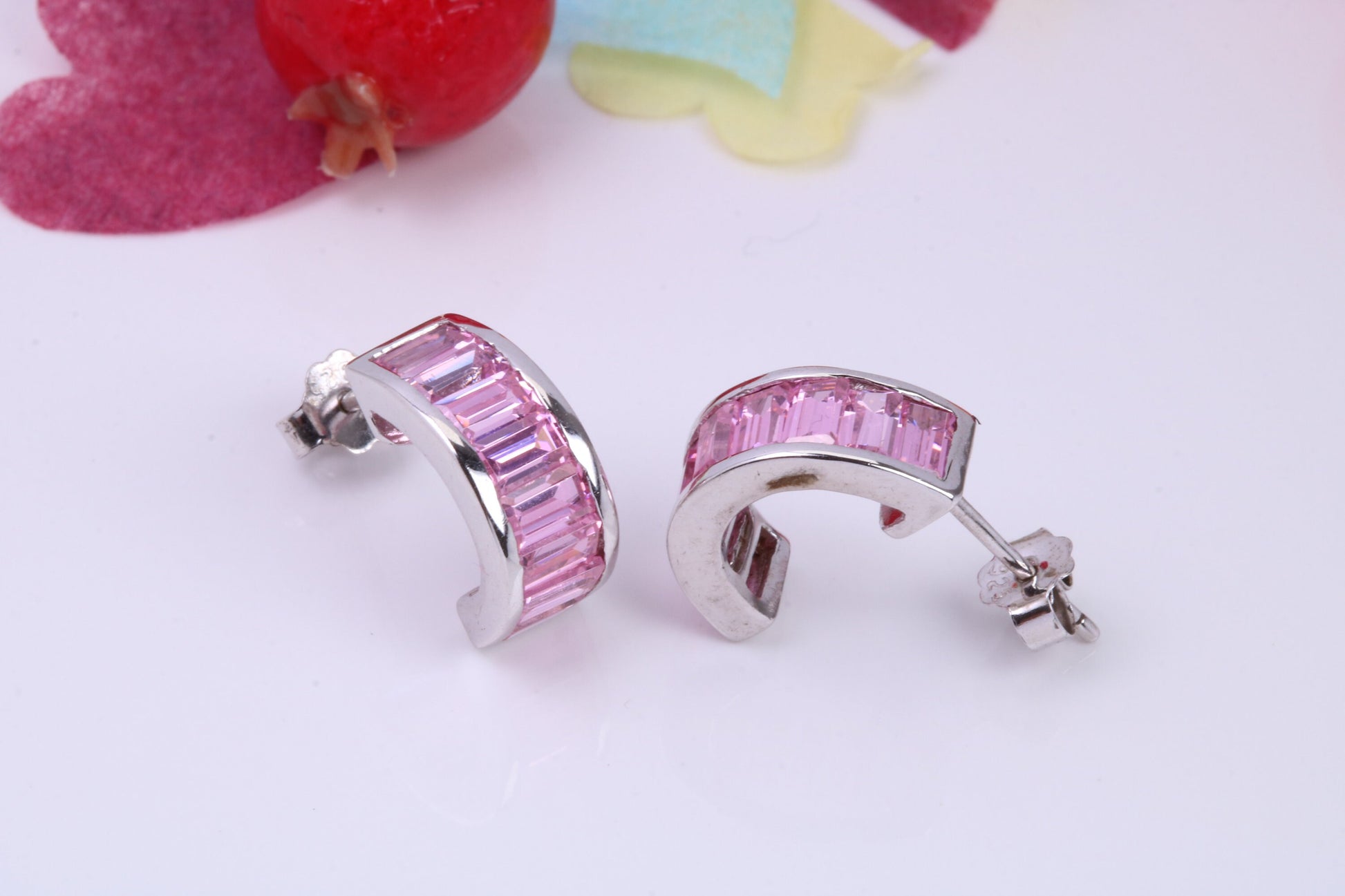 Half Hoop Pink Cubic Zirconia set Stud Earrings, Very Dressy, Made from Solid 925 Grade Sterling Silver