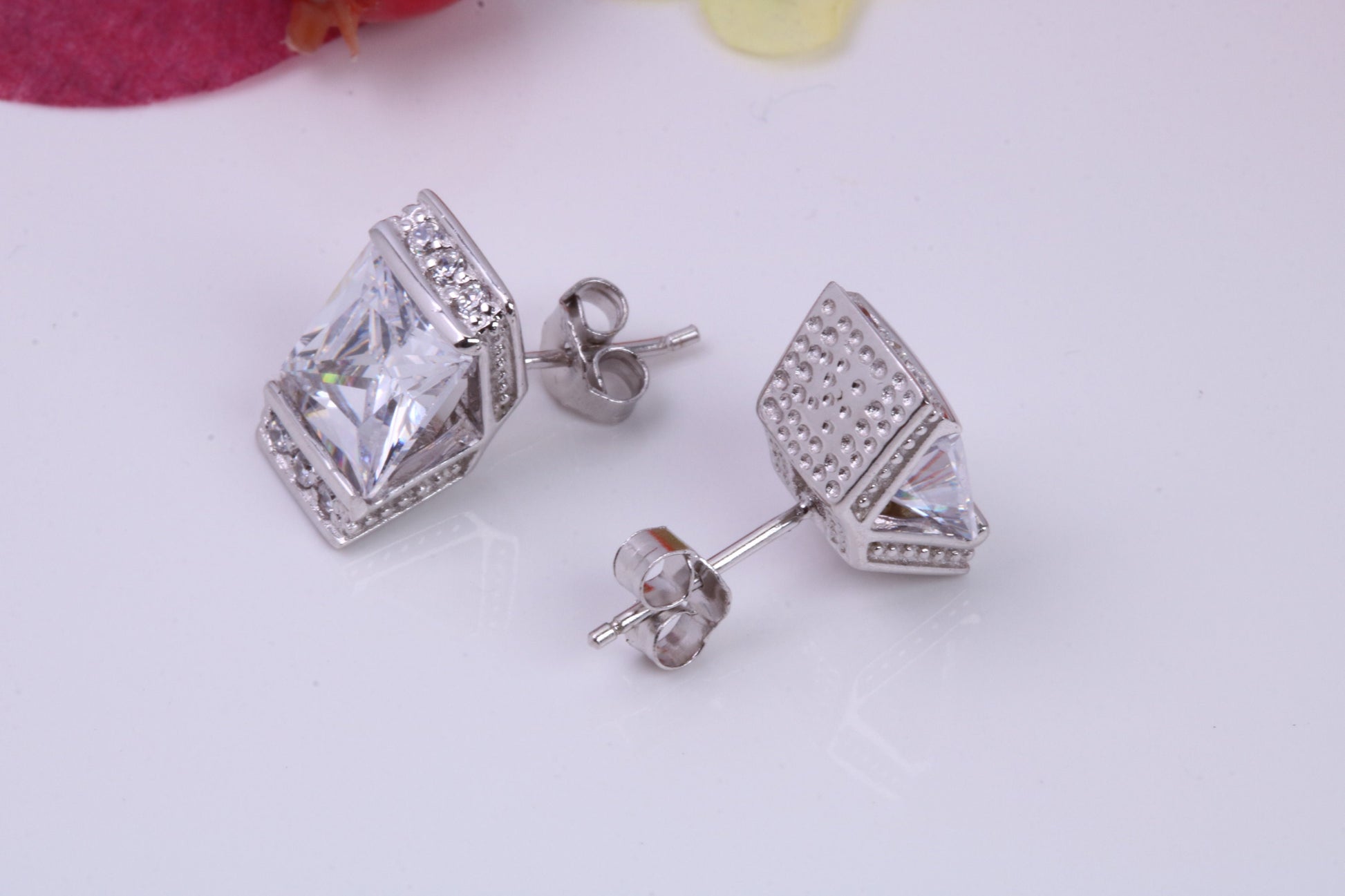 Dressy Chunky Stud Earrings, Cubic Zirconia set, Made from solid Sterling Silver