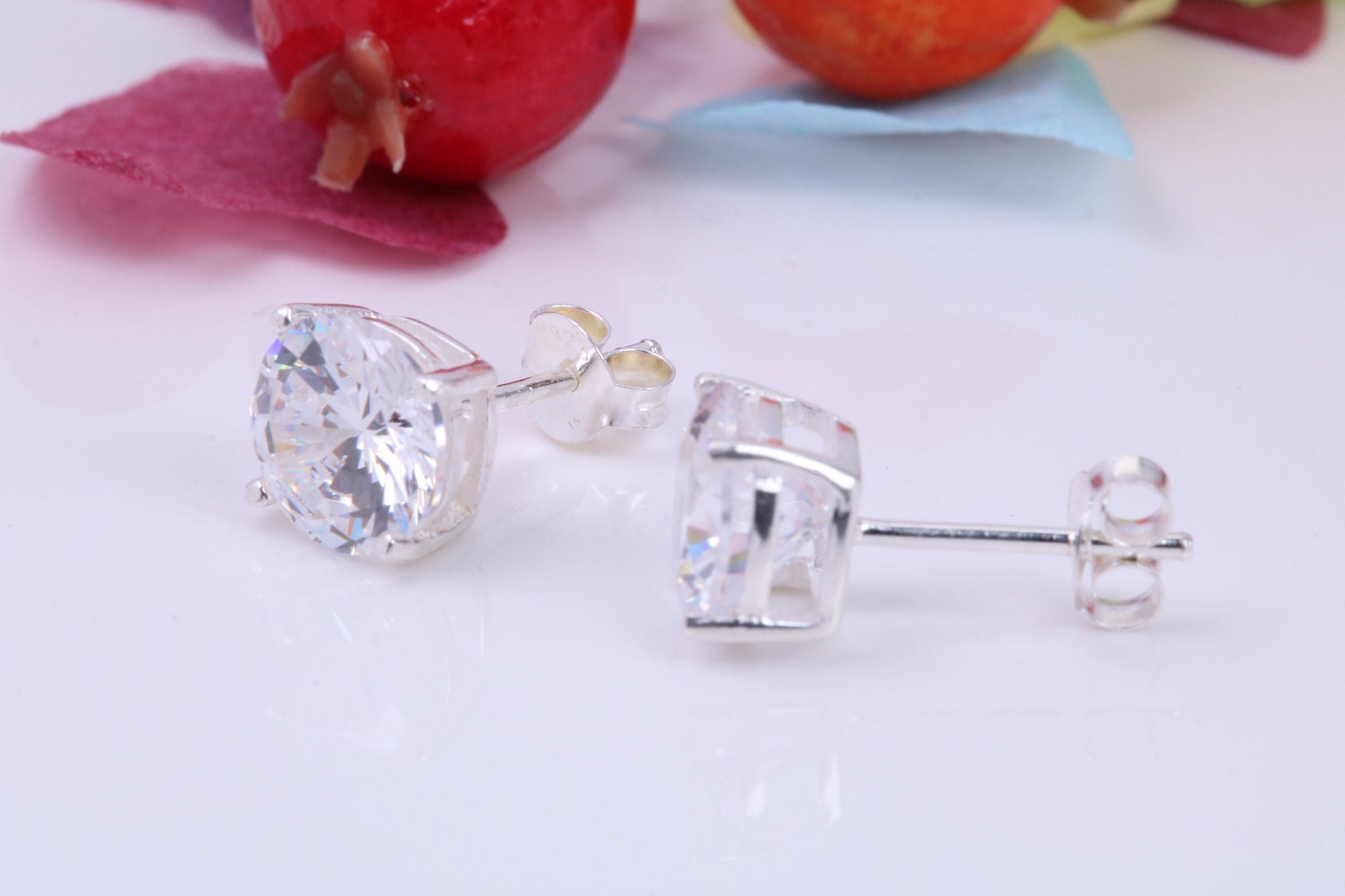 8 mm Round Cubic Zirconia set Stud Earrings, Made from Solid Cast Sterling Silver, Ideal for Gents