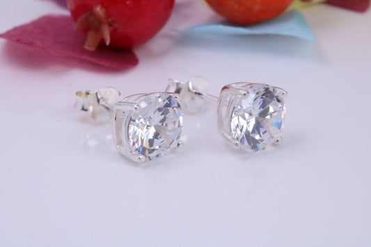 8 mm Round Cubic Zirconia set Stud Earrings, Made from Solid Cast Sterling Silver, Ideal for Gents