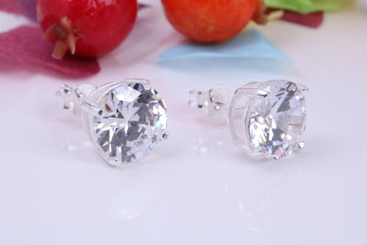 10 mm Round Cubic Zirconia set Stud Earrings, Made from Solid Cast Sterling Silver, Ideal for Gents