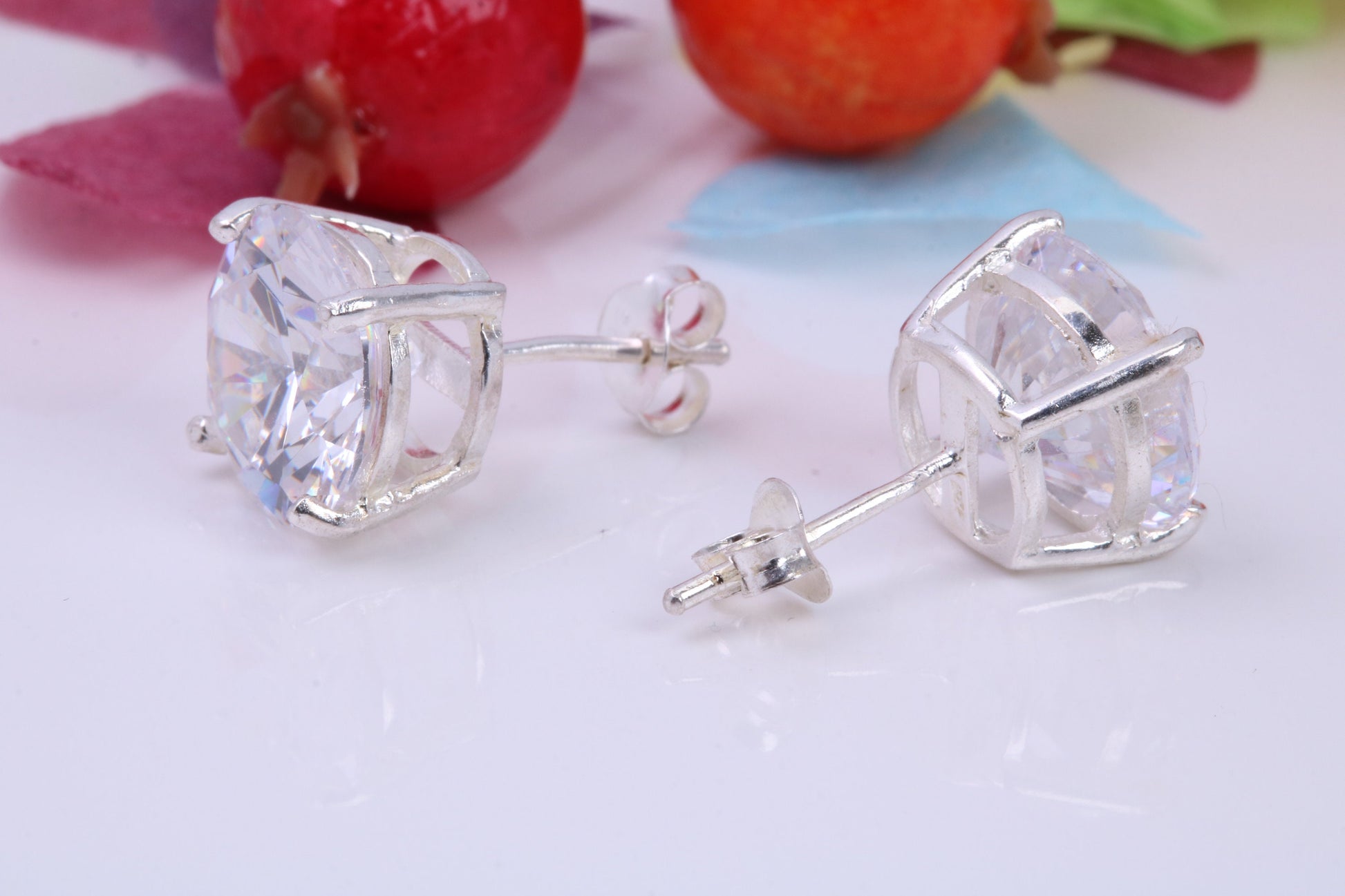 Large 11 mm Round Cubic Zirconia set Stud Earrings, Made from Solid Cast Sterling Silver, Ideal for Gents