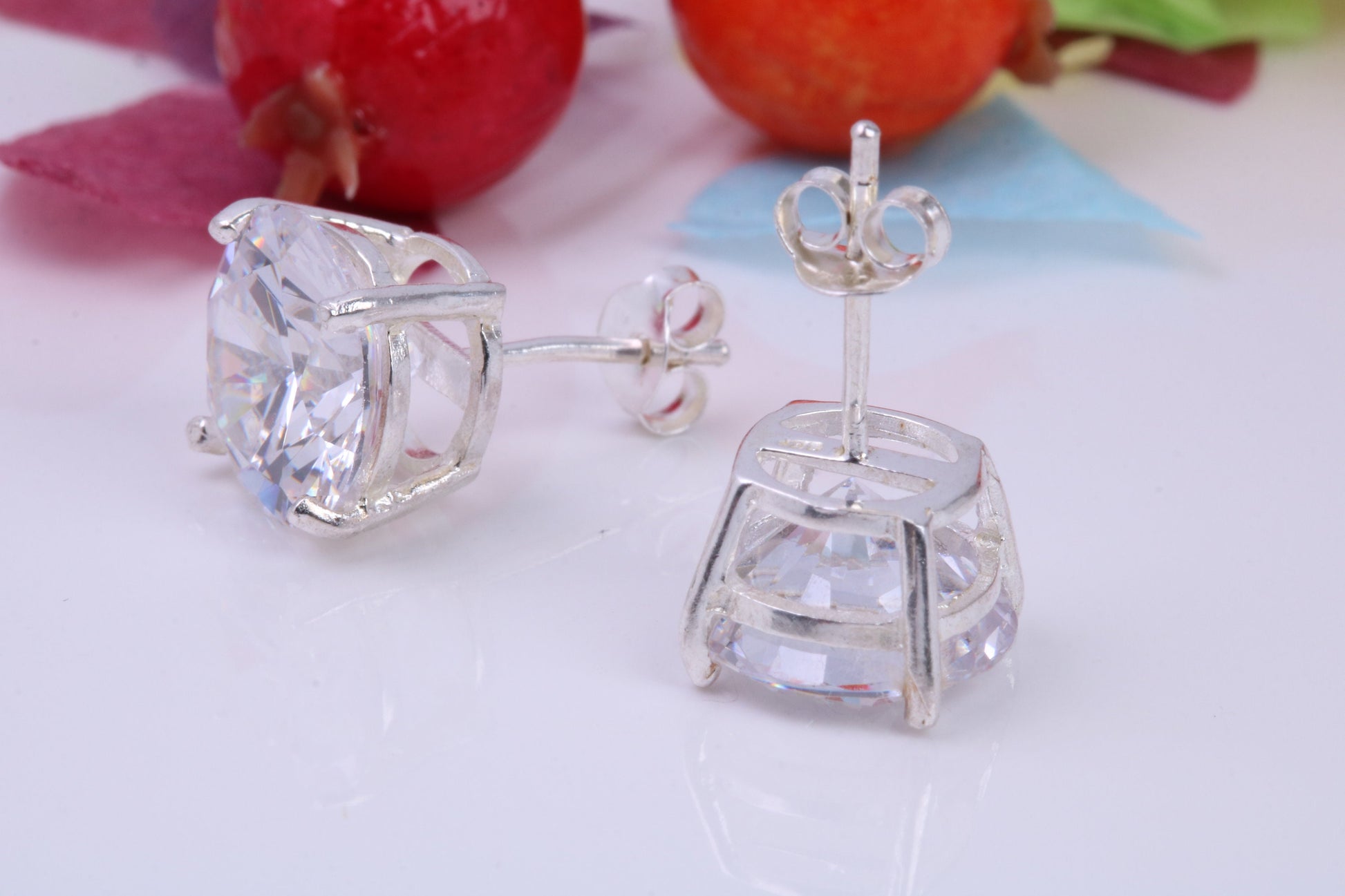 Large 11 mm Round Cubic Zirconia set Stud Earrings, Made from Solid Cast Sterling Silver, Ideal for Gents