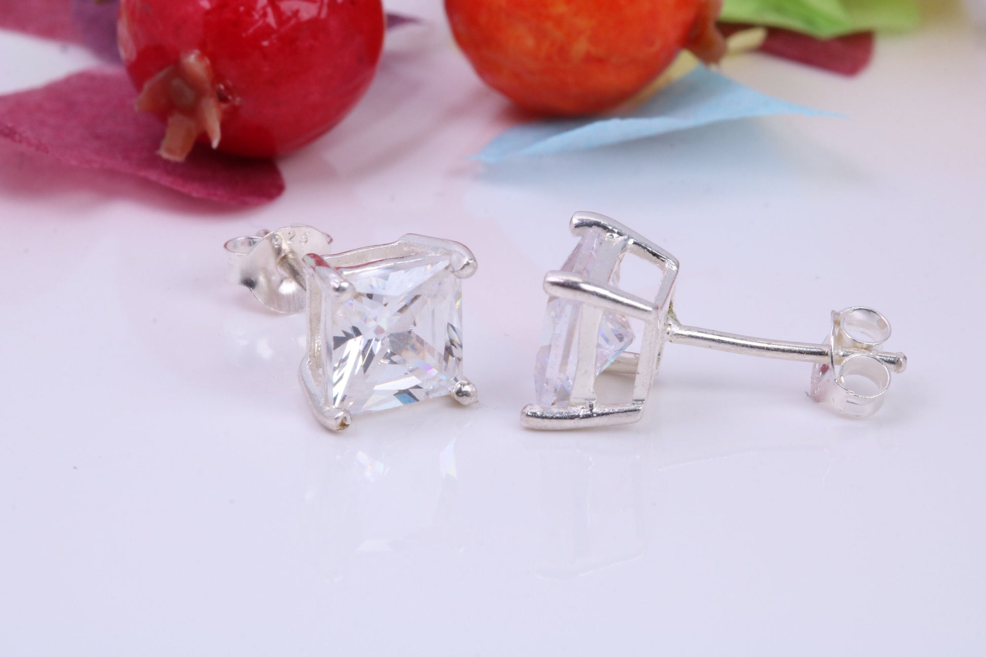 8 mm Square Cubic Zirconia set Stud Earrings, Made from Solid Cast Sterling Silver, Ideal for Gents