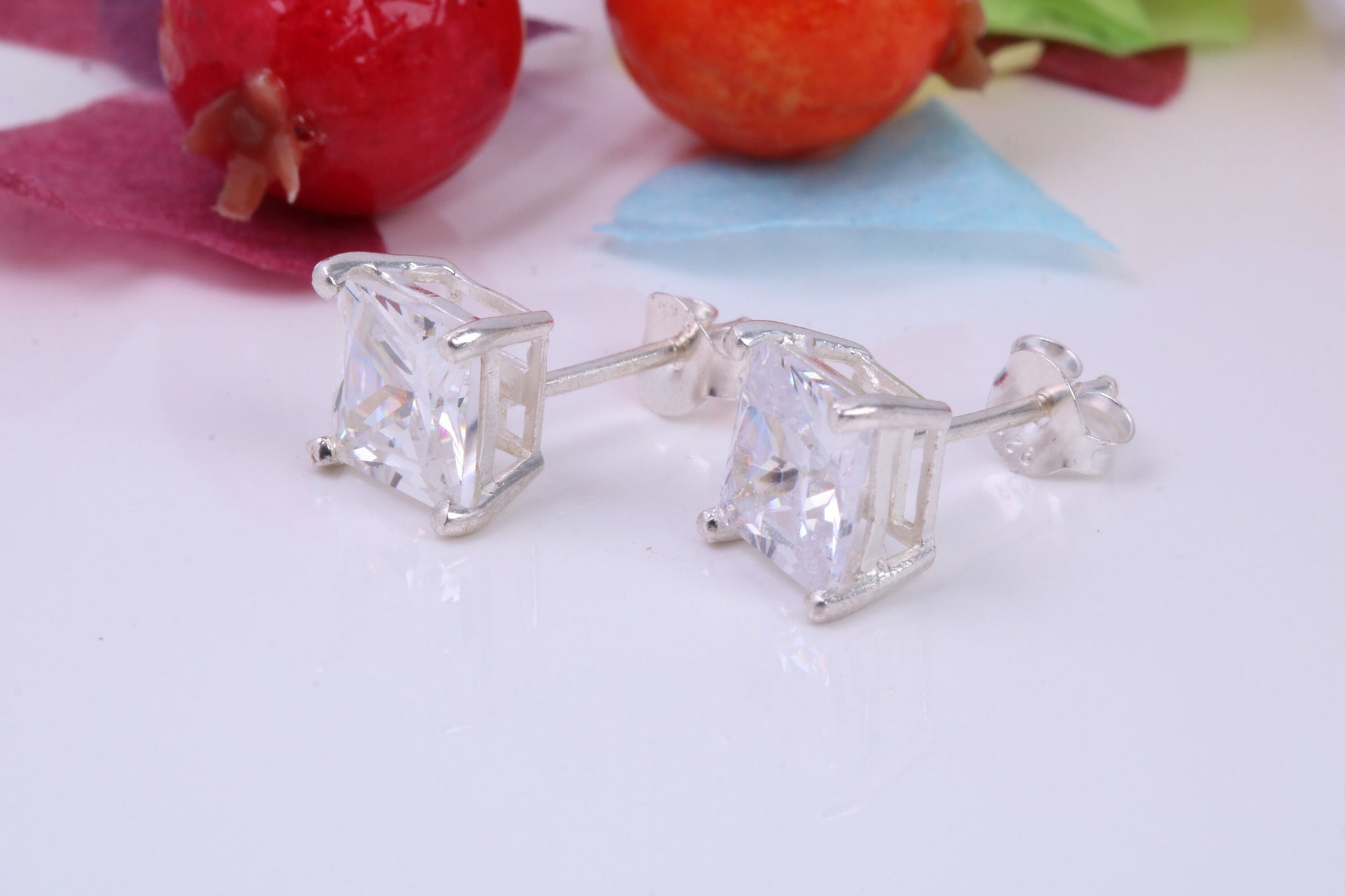 8 mm Square Cubic Zirconia set Stud Earrings, Made from Solid Cast Sterling Silver, Ideal for Gents