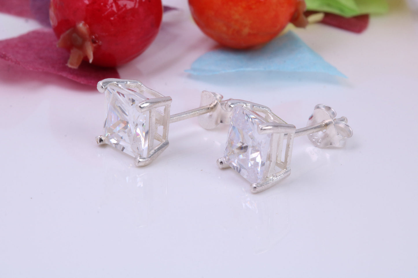 7 mm Square Cubic Zirconia set Stud Earrings, Made from Solid Cast Sterling Silver, Ideal for Gents