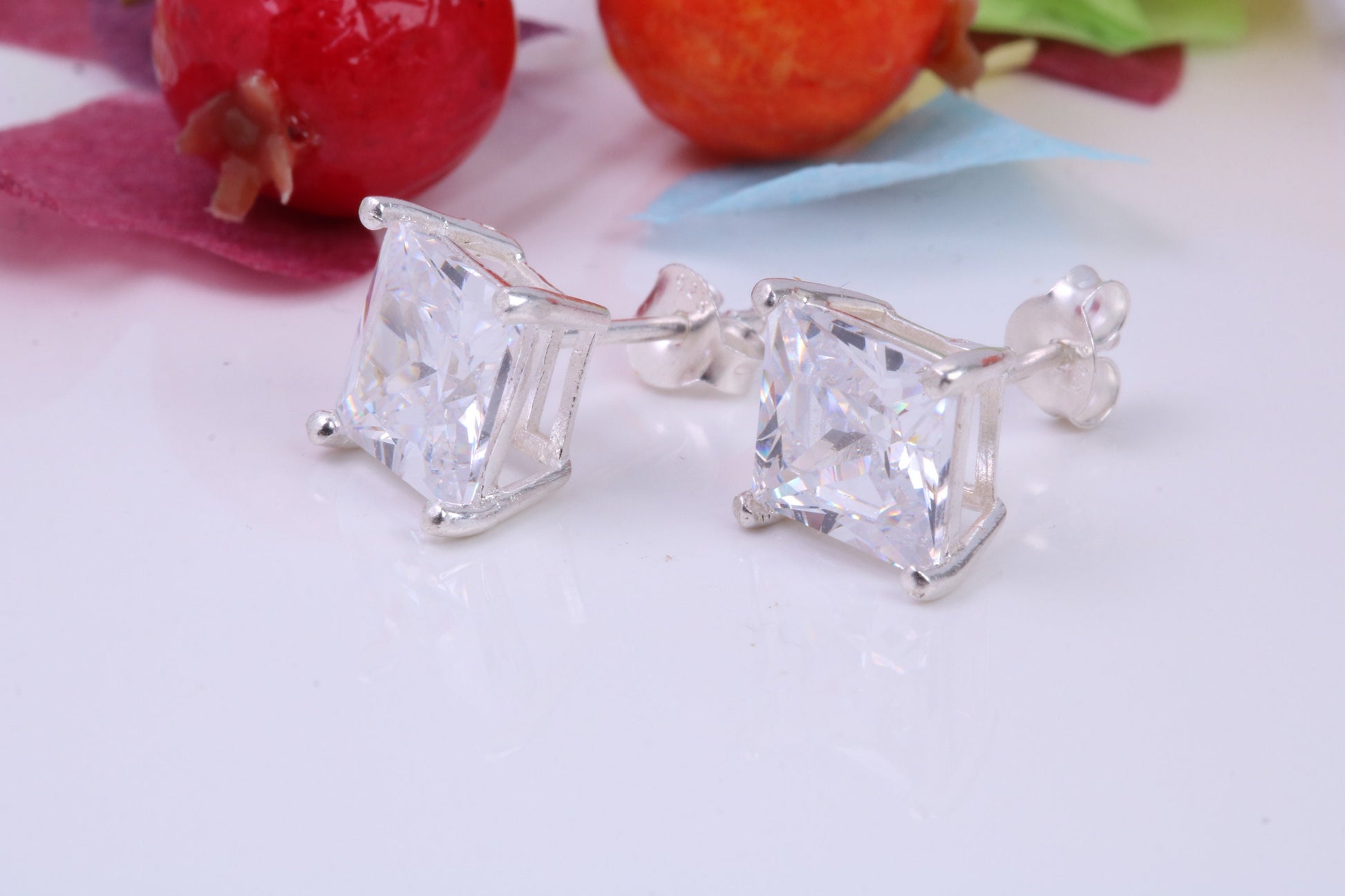 9 mm Square Cubic Zirconia set Stud Earrings, Made from Solid Cast Sterling Silver, Ideal for Gents