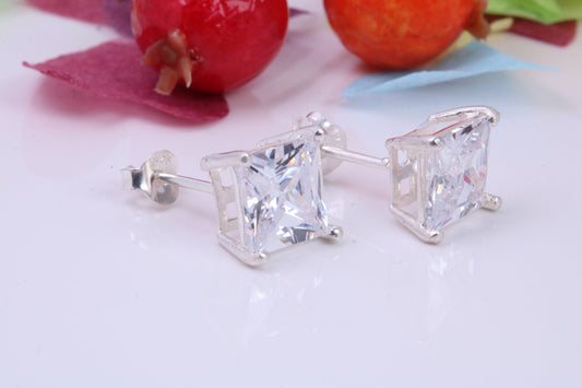 9 mm Square Cubic Zirconia set Stud Earrings, Made from Solid Cast Sterling Silver, Ideal for Gents