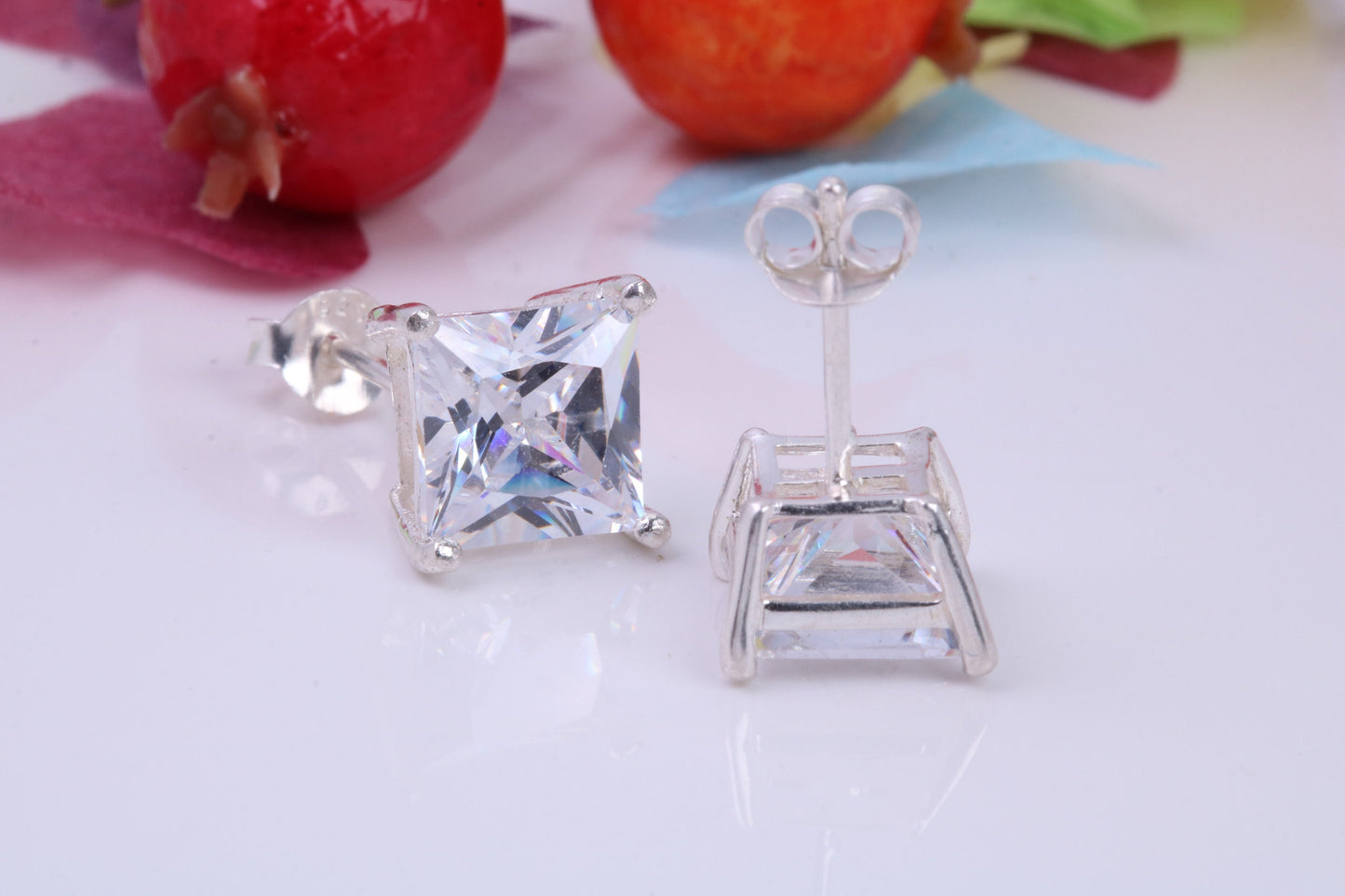 9 mm Square Cubic Zirconia set Stud Earrings, Made from Solid Cast Sterling Silver, Ideal for Gents