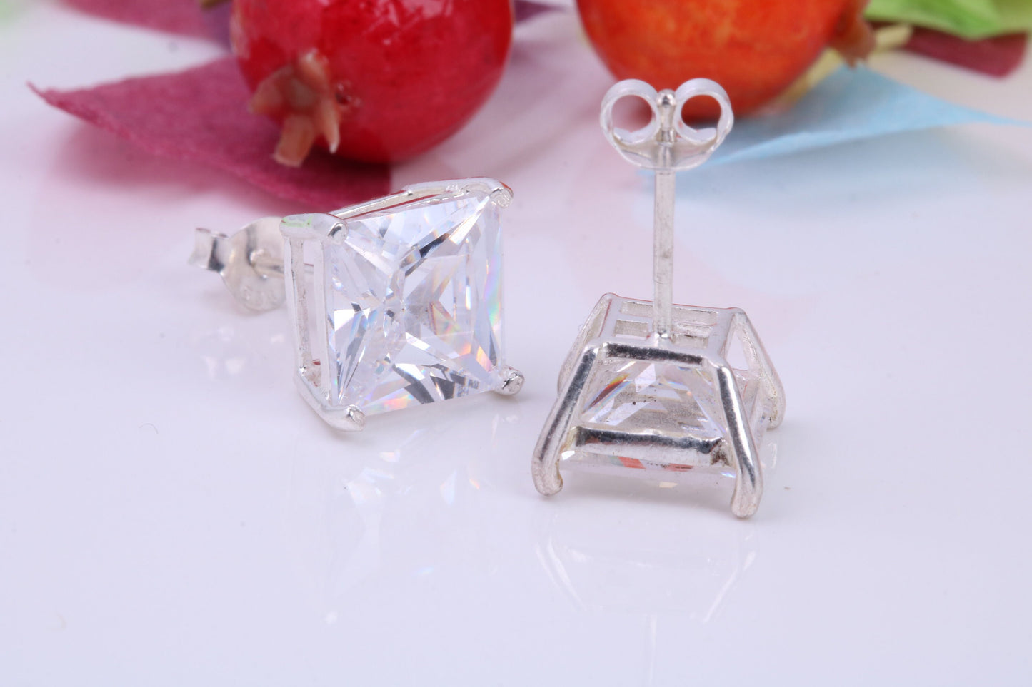 10 mm Square Cubic Zirconia set Stud Earrings, Made from Solid Cast Sterling Silver, Ideal for Gents