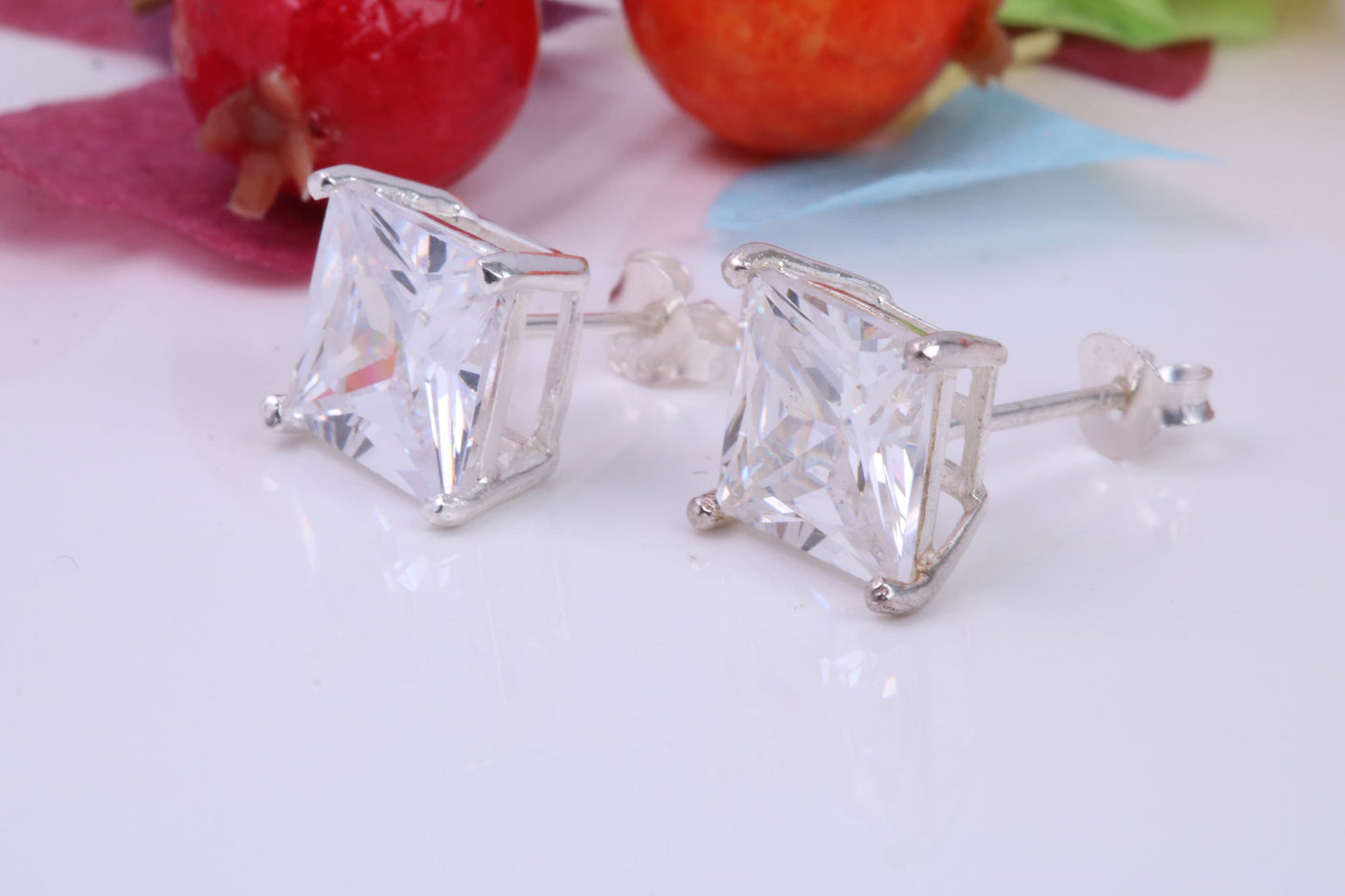 10 mm Square Cubic Zirconia set Stud Earrings, Made from Solid Cast Sterling Silver, Ideal for Gents