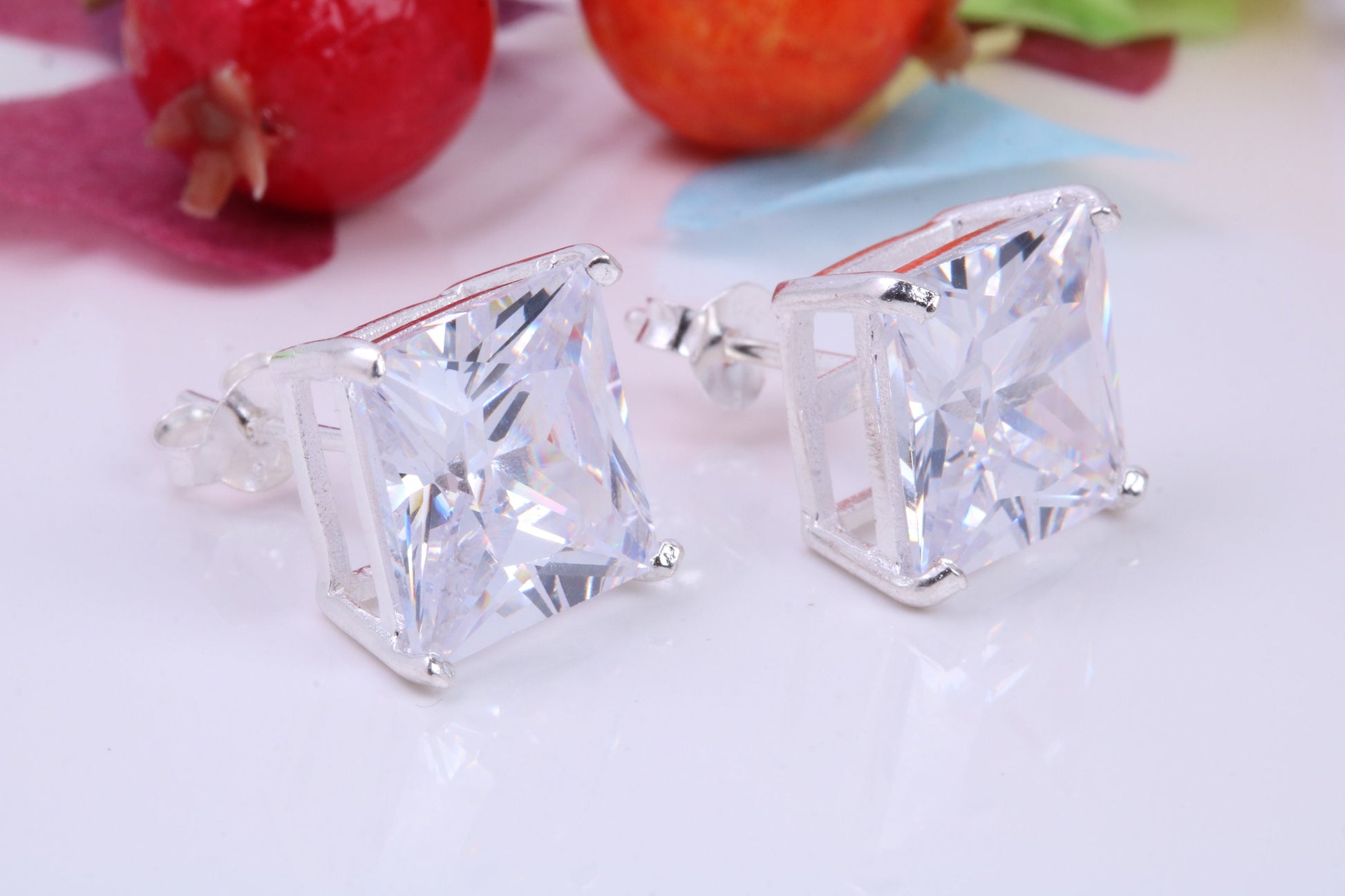 Large 11 mm Square Cubic Zirconia set Stud Earrings, Made from Solid Cast Sterling Silver, Ideal for Gents