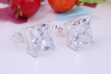 Large 11 mm Square Cubic Zirconia set Stud Earrings, Made from Solid Cast Sterling Silver, Ideal for Gents