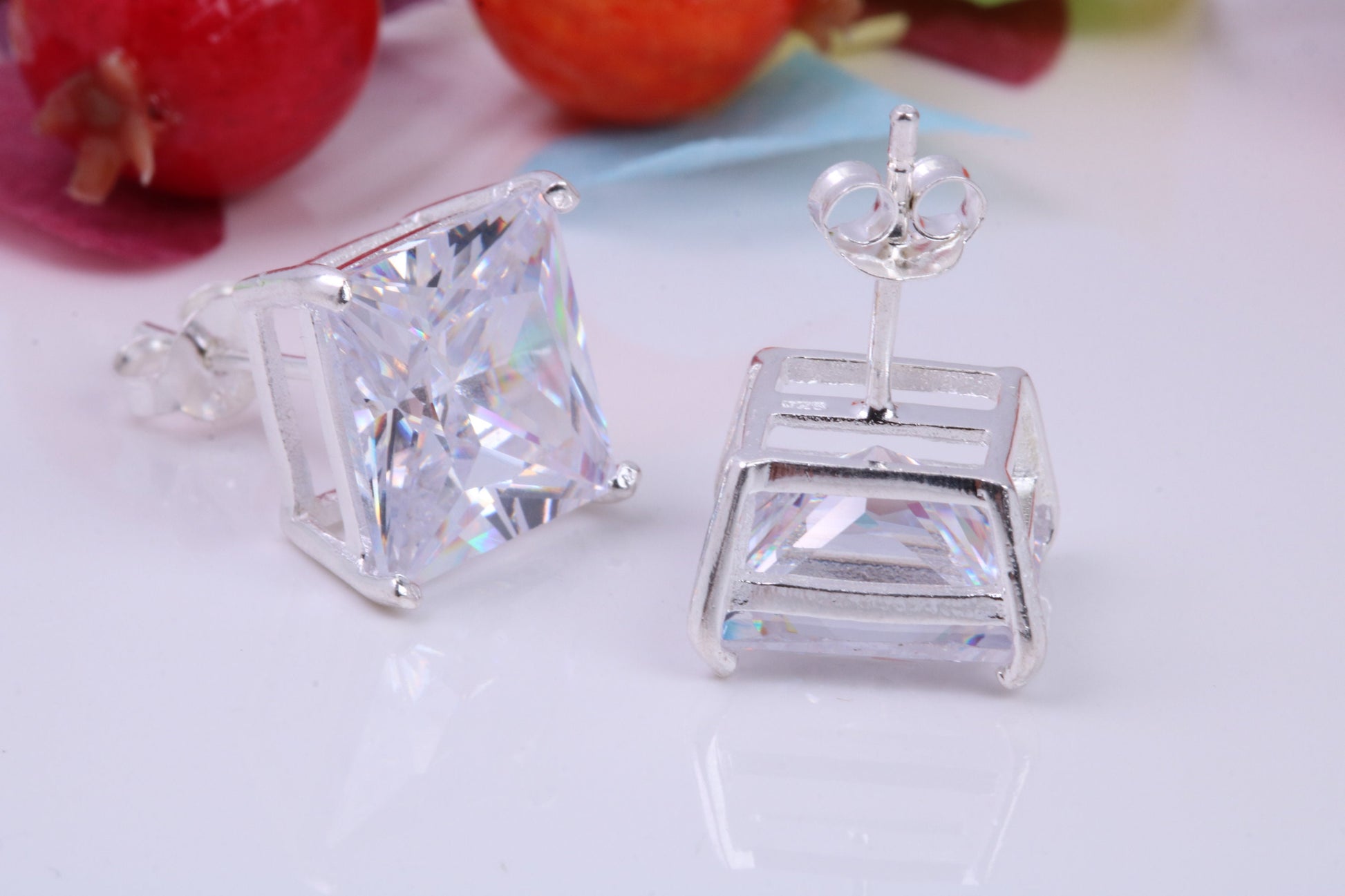 Large 11 mm Square Cubic Zirconia set Stud Earrings, Made from Solid Cast Sterling Silver, Ideal for Gents