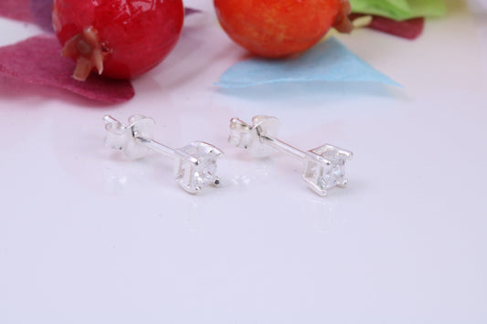 3 mm Square Cubic Zirconia set Stud Earrings, Made from Solid Cast Sterling Silver, Ideal for Gents