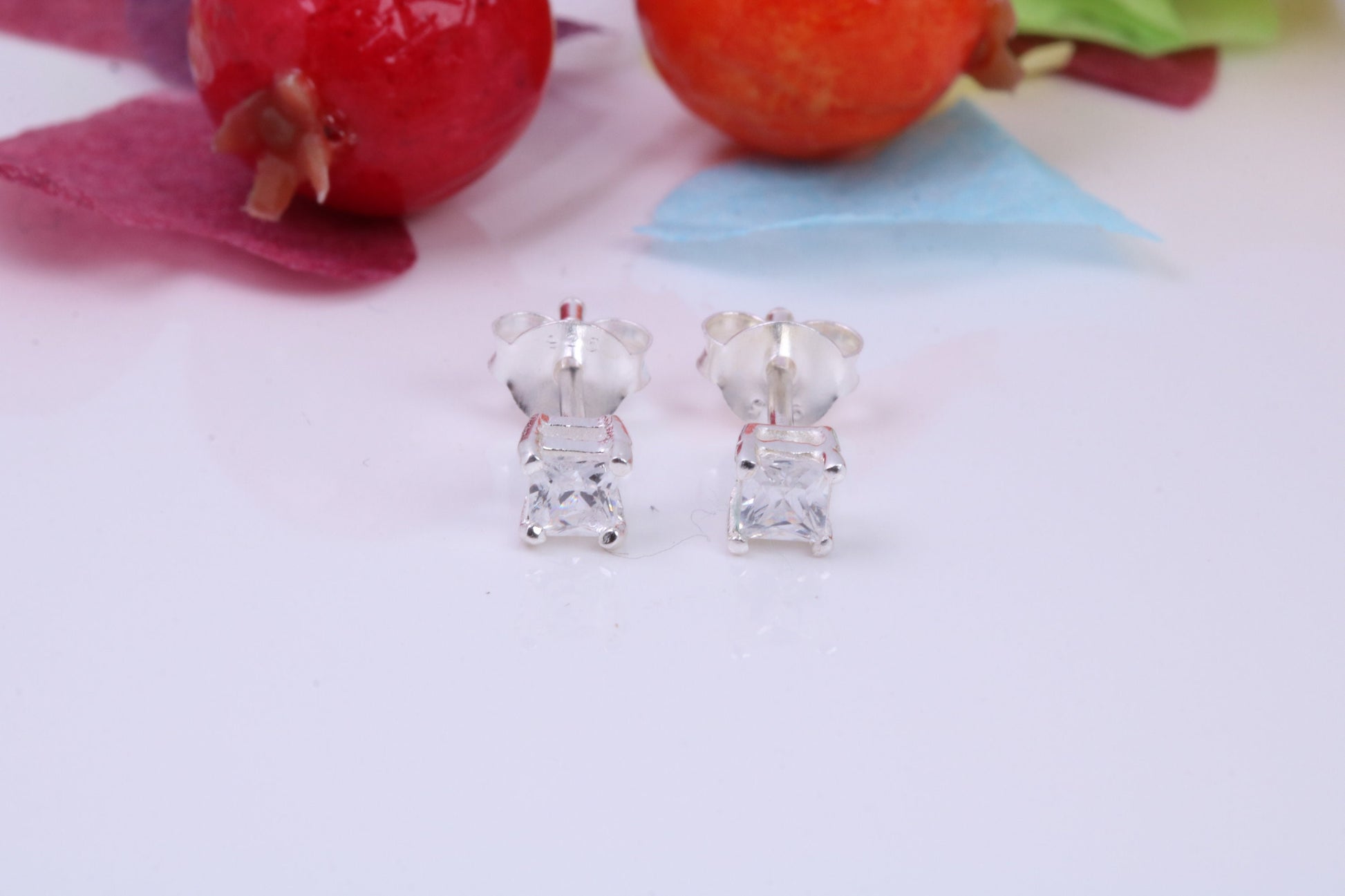 3 mm Square Cubic Zirconia set Stud Earrings, Made from Solid Cast Sterling Silver, Ideal for Gents