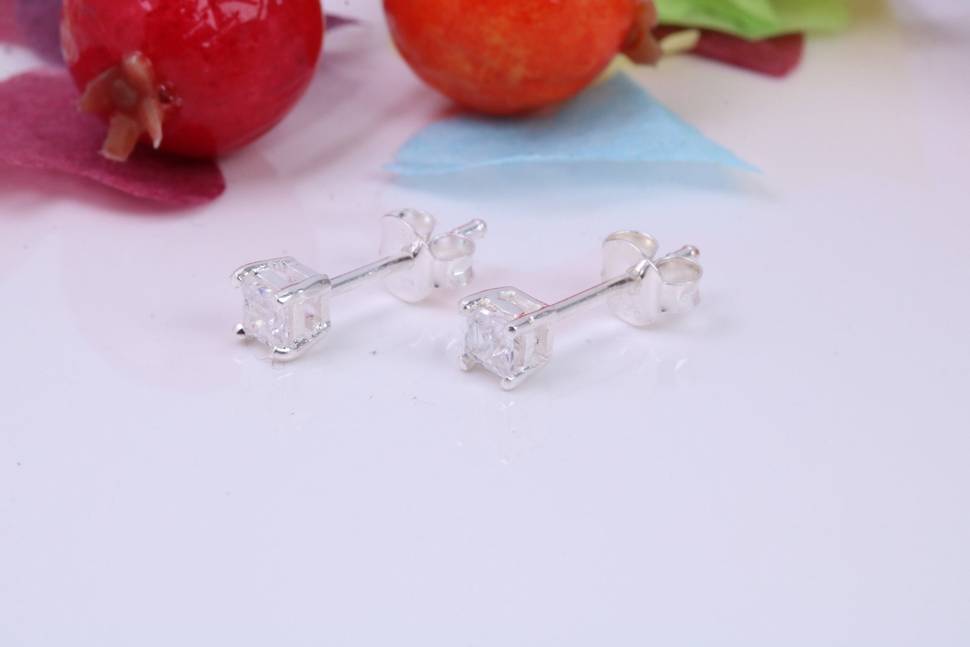 3 mm Square Cubic Zirconia set Stud Earrings, Made from Solid Cast Sterling Silver, Ideal for Gents