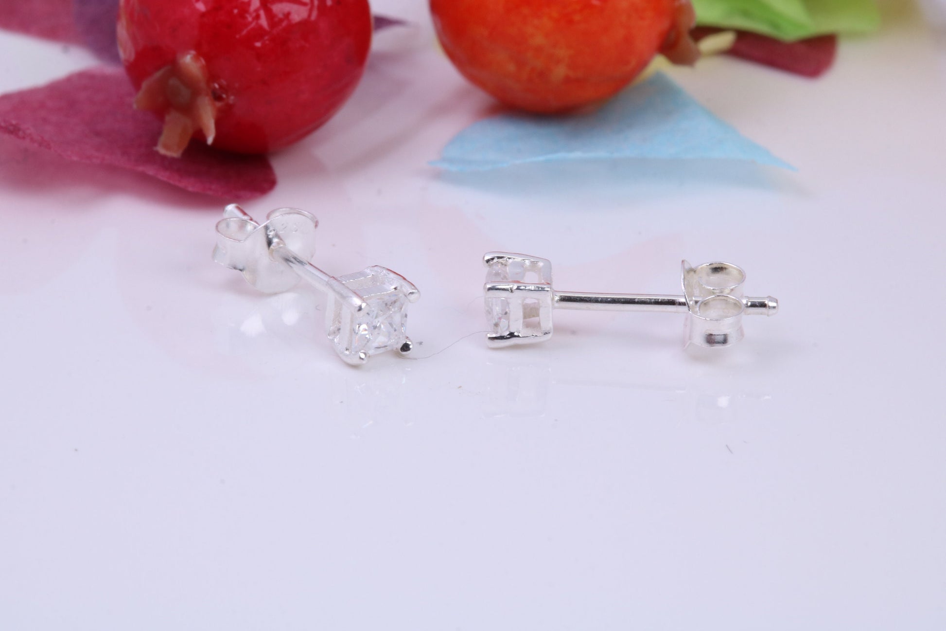3 mm Square Cubic Zirconia set Stud Earrings, Made from Solid Cast Sterling Silver, Ideal for Gents
