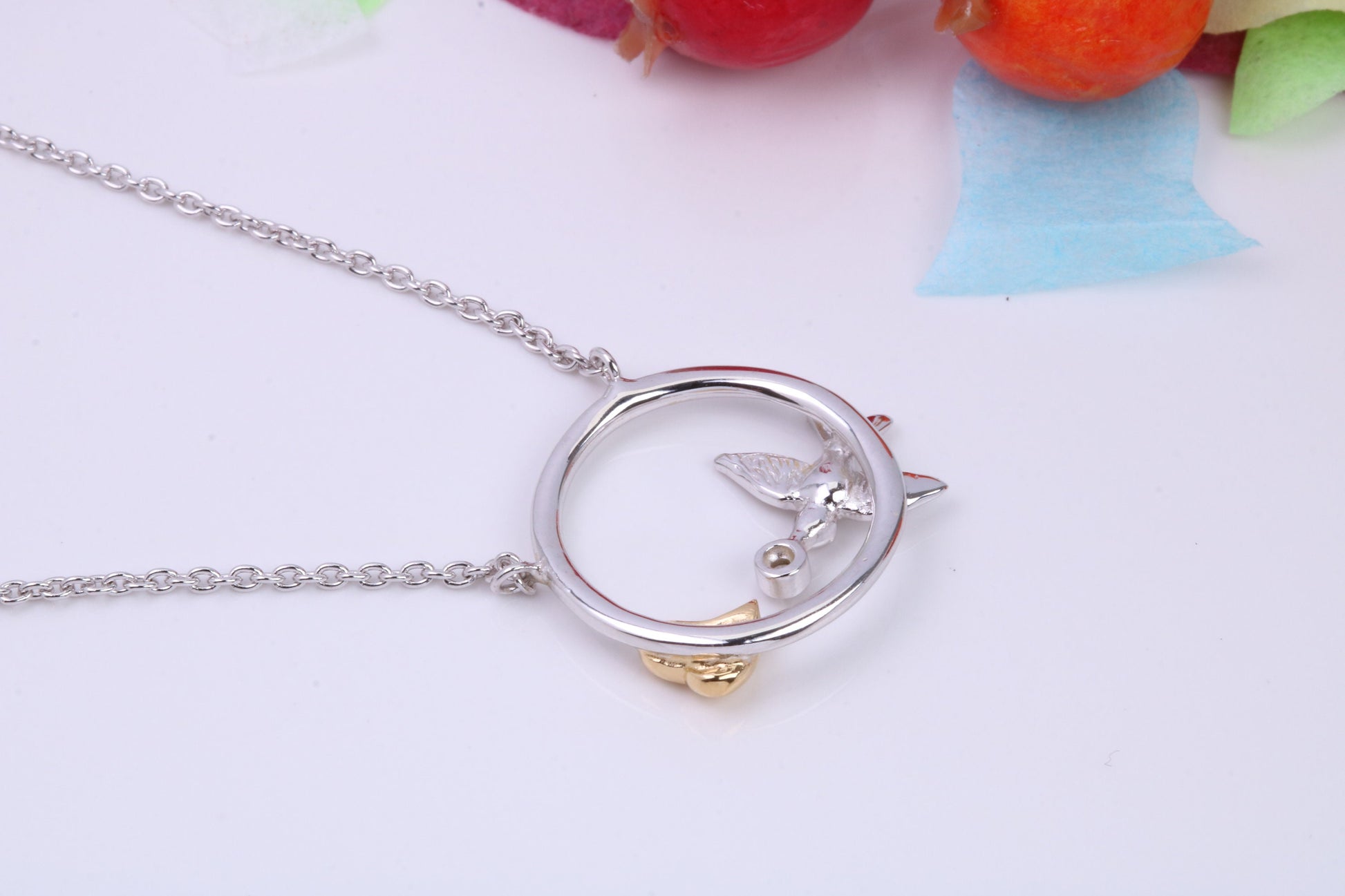 Sparrow Bird Necklace with Length Adjustable Chain, Made from solid Sterling Silver, 18ct Yellow Gold Plated