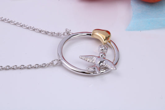 Sparrow Bird Necklace with Length Adjustable Chain, Made from solid Sterling Silver, 18ct Yellow Gold Plated