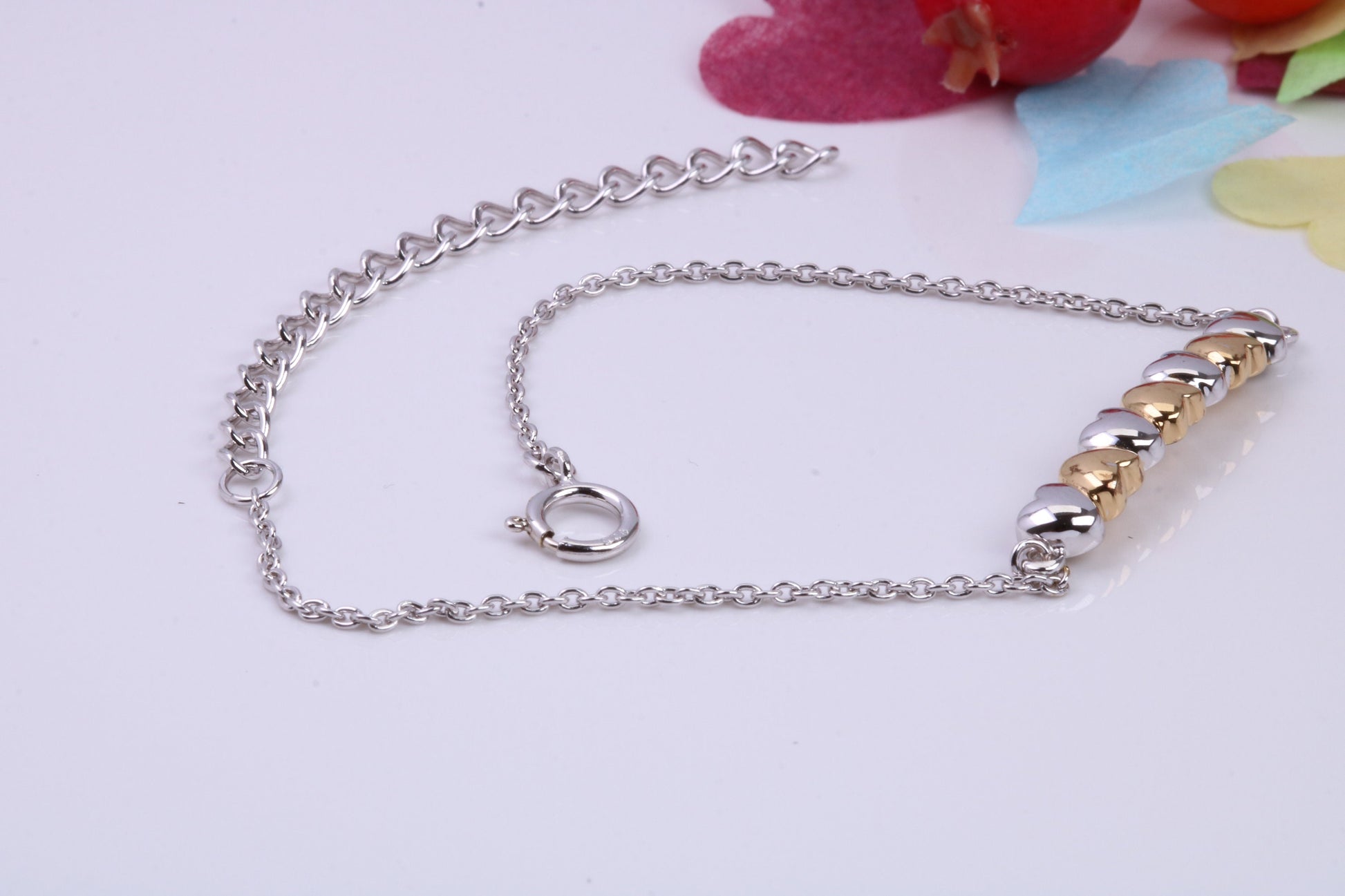 Love Hearts Bracelet with Length Adjustable Chain, Made from solid Sterling Silver, 18ct Yellow Gold Plated