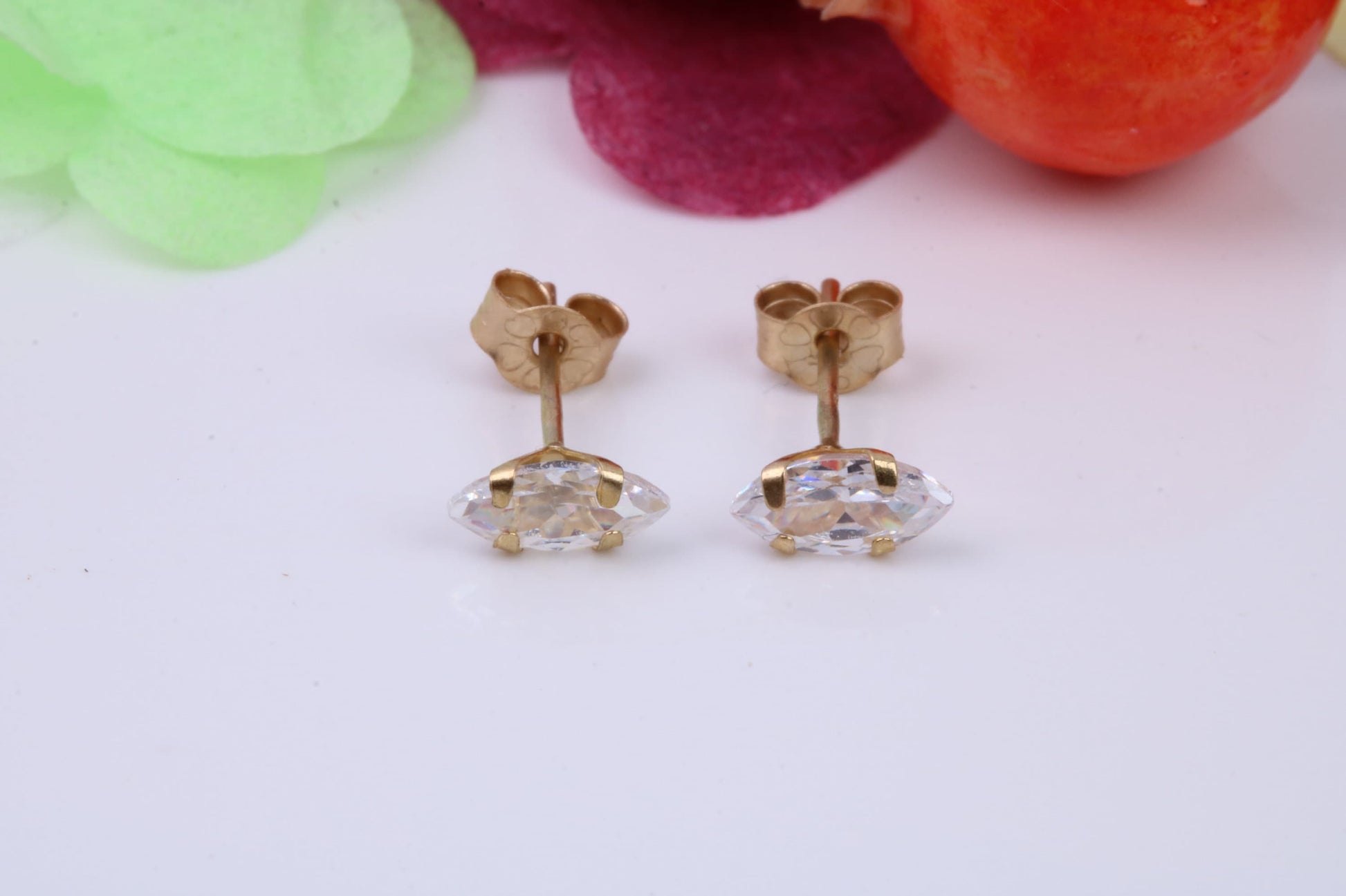 Tiny 4 x 2 mm Marquise cut Cubic Zirconia set Stud Earrings, Made from Solid 9ct Yellow Gold