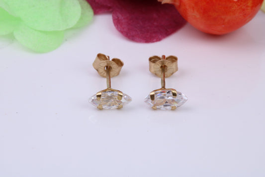 Tiny 5 x 2.50 mm Marquise cut Cubic Zirconia set Stud Earrings, Made from Solid 9ct Yellow Gold