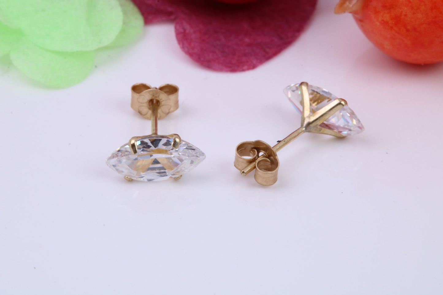 Marquise cut Cubic Zirconia set Stud Earrings, Measures 8 x 4 mm, Made from Solid 9ct Yellow Gold