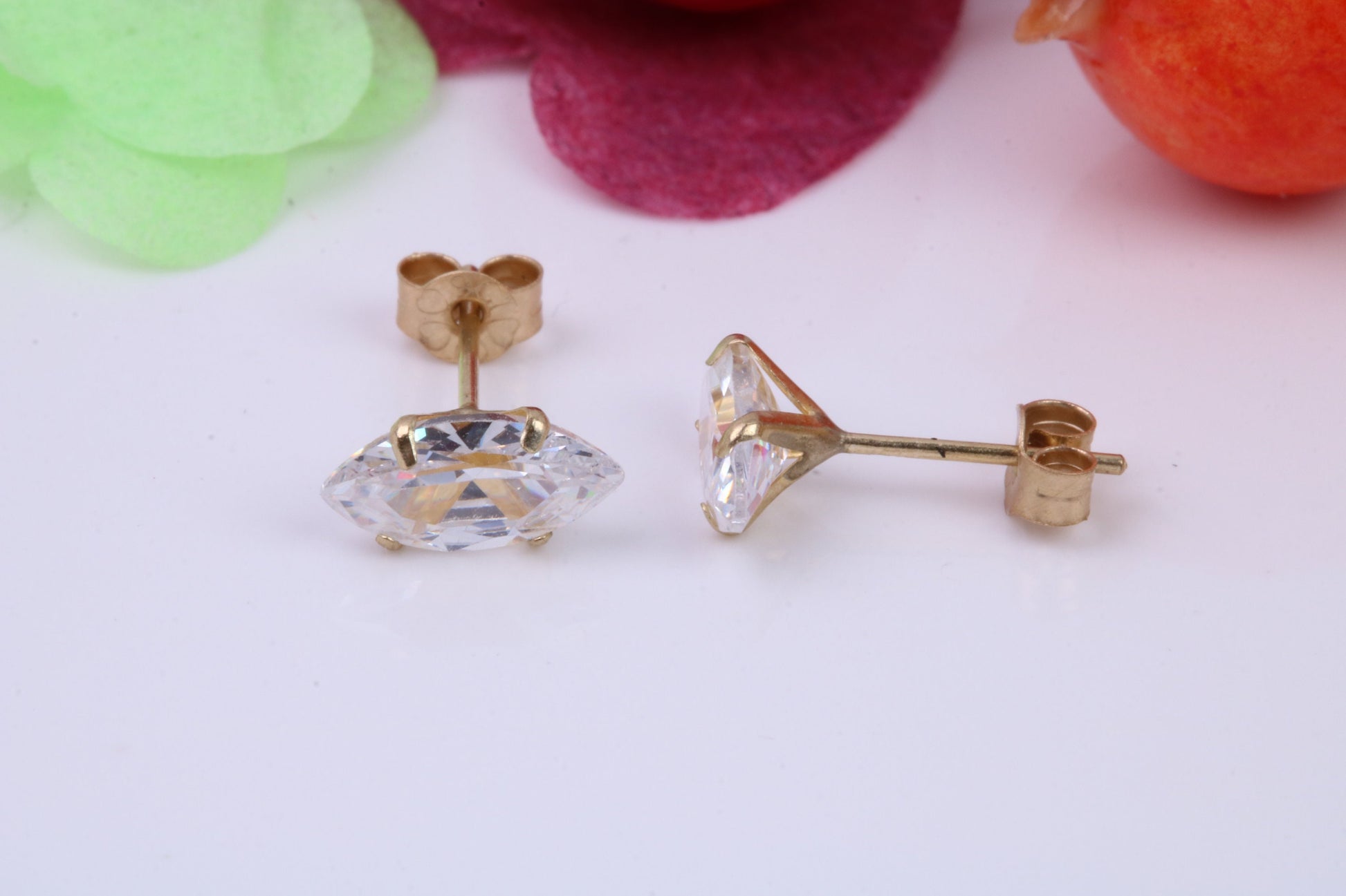 Marquise cut Cubic Zirconia set Stud Earrings, Measures 8 x 4 mm, Made from Solid 9ct Yellow Gold