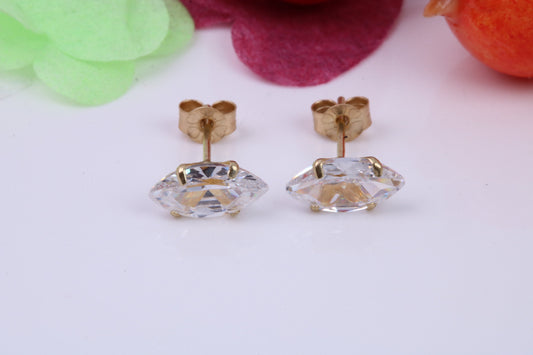 Marquise cut Cubic Zirconia set Stud Earrings, Measures 8 x 4 mm, Made from Solid 9ct Yellow Gold