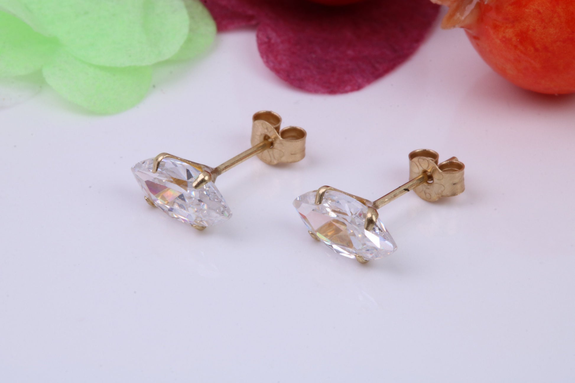 Marquise cut Cubic Zirconia set Stud Earrings, Measures 8 x 4 mm, Made from Solid 9ct Yellow Gold