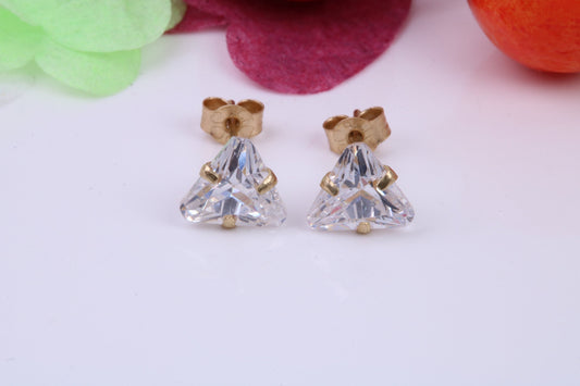 Trillion cut Cubic Zirconia set Stud Earrings, Measures 5 x 5 mm, Made from Solid 9ct Yellow Gold