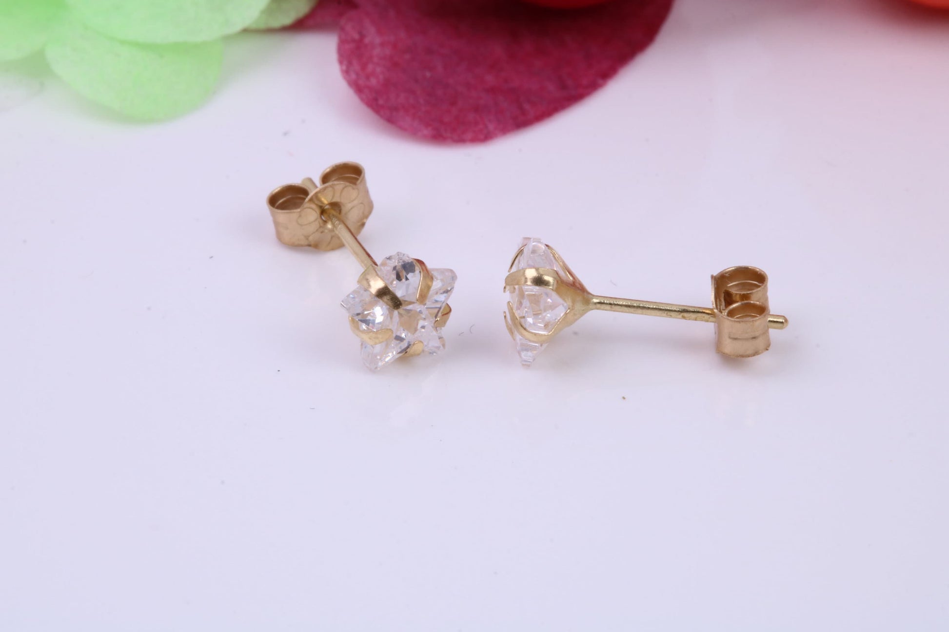 Tiny 3 mm Star cut Cubic Zirconia set Stud Earrings, Made from Solid 9ct Yellow Gold