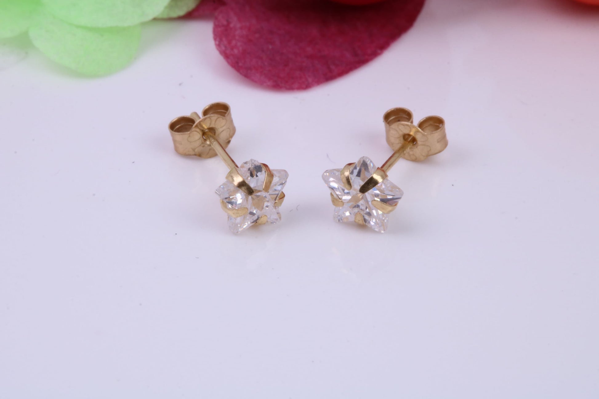 Tiny 3 mm Star cut Cubic Zirconia set Stud Earrings, Made from Solid 9ct Yellow Gold