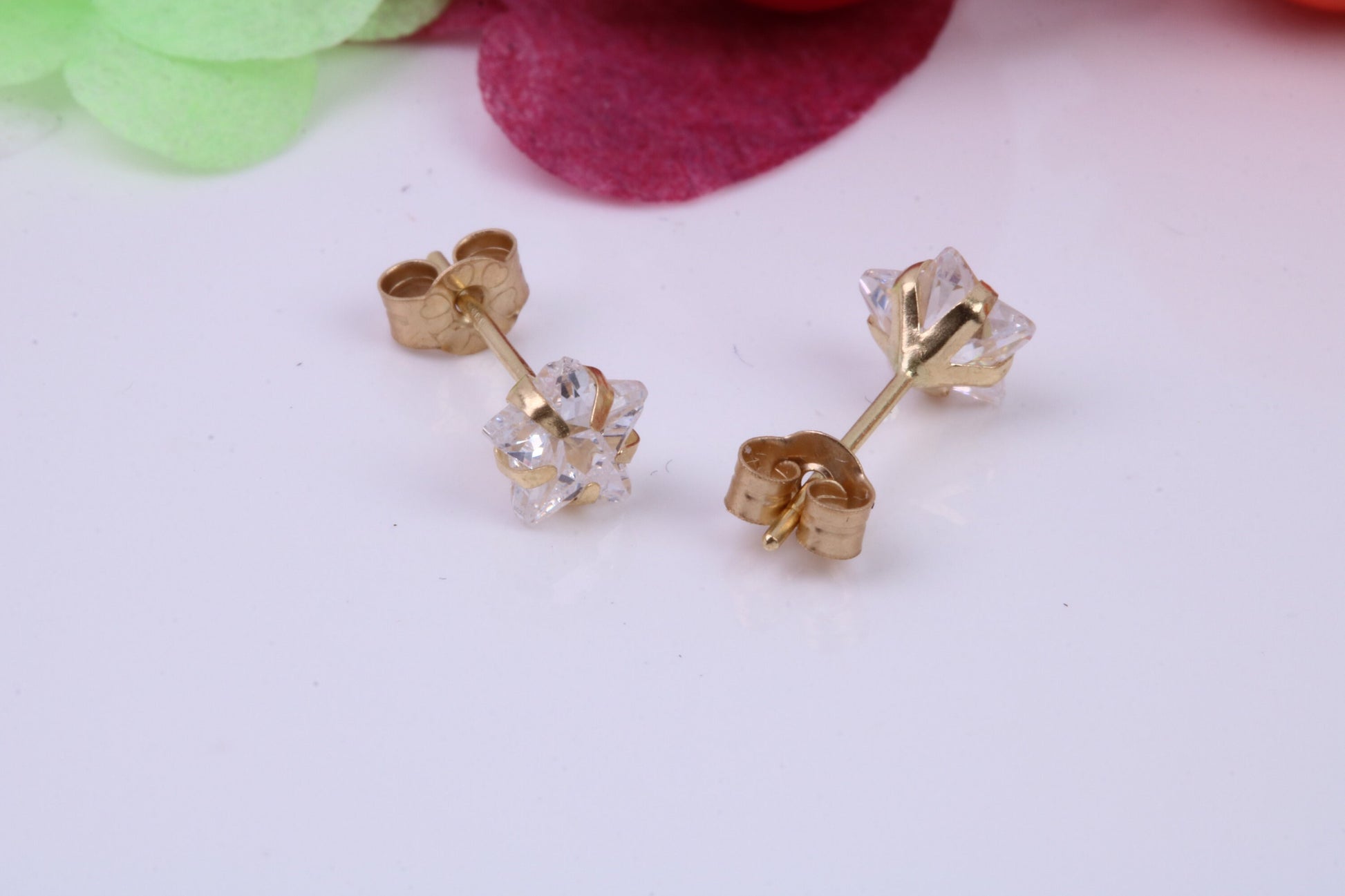 Small 4 mm Star cut Cubic Zirconia set Stud Earrings, Made from Solid 9ct Yellow Gold