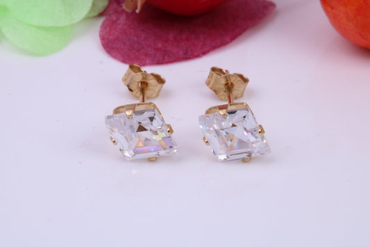 Diamond Shape cut Cubic Zirconia set Stud Earrings, Measures 8 x 6 mm, Made from Solid 9ct Yellow Gold