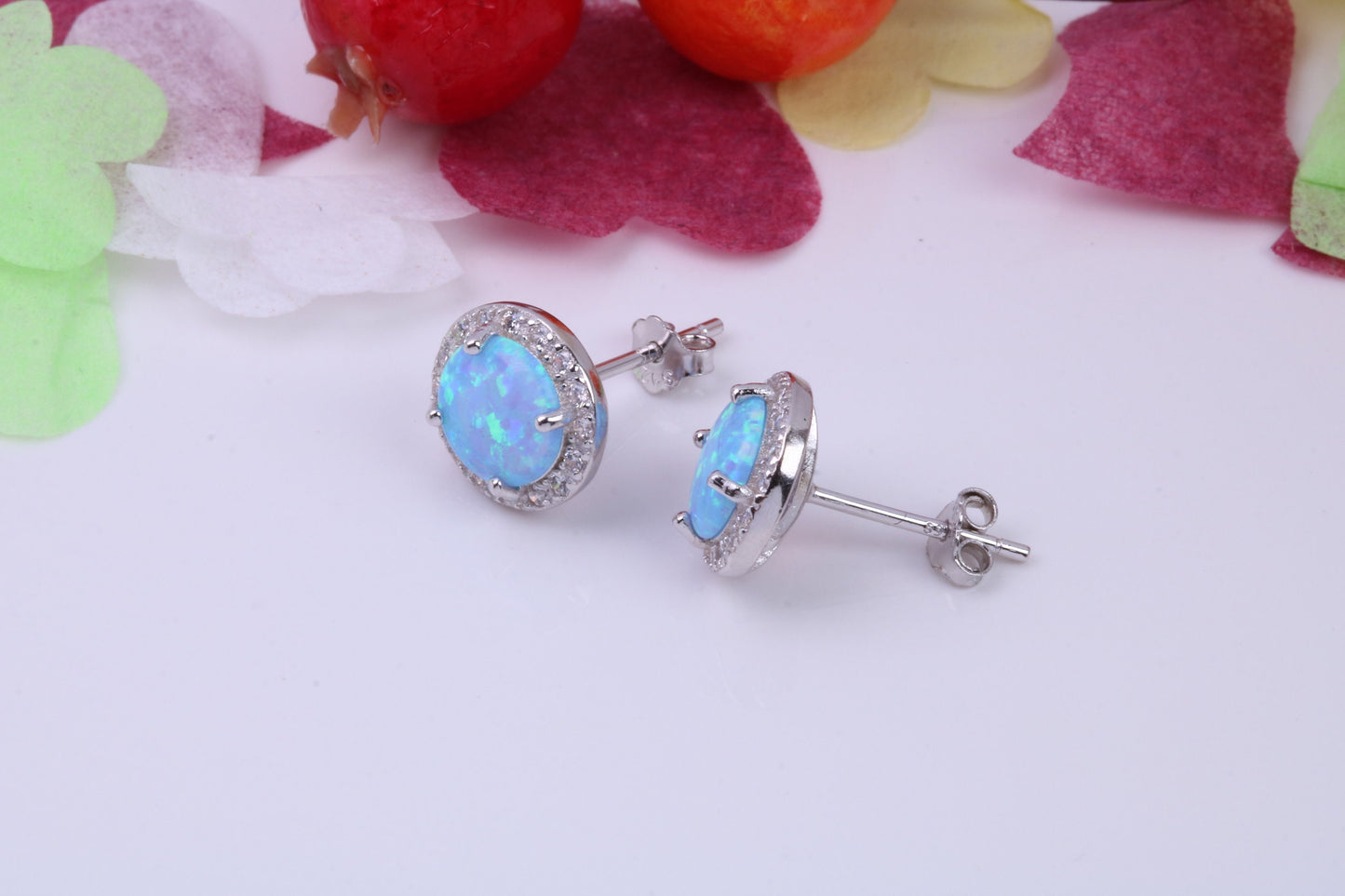 Blue Opal and Cubic Zirconia set Stud Earrings, made from solid Sterling Silver