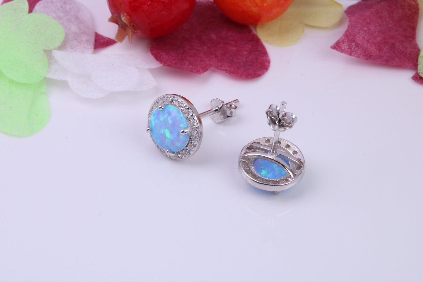 Blue Opal and Cubic Zirconia set Stud Earrings, made from solid Sterling Silver