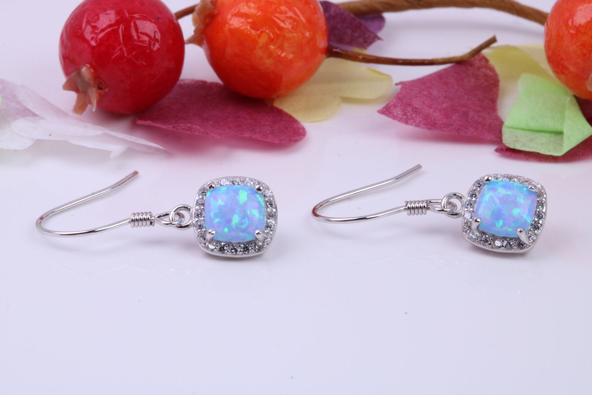 Blue Opal and Cubic Zirconia set Dropper Earrings, made from solid Sterling Silver