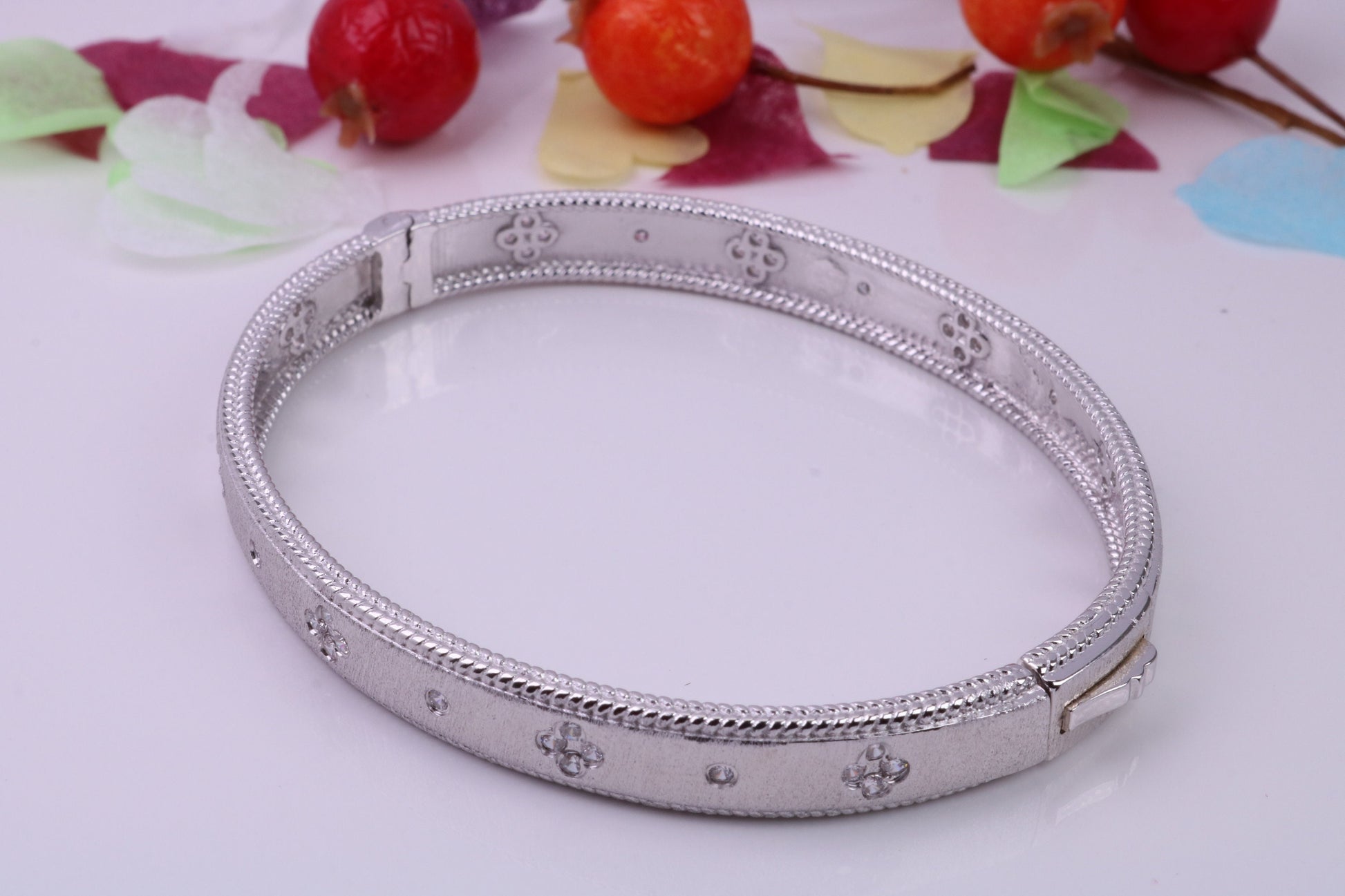 Hinged Bangle set with Diamond White Cubic Zirconia, Made from solid Sterling Silver, Rhodium Plated, Matt Finished