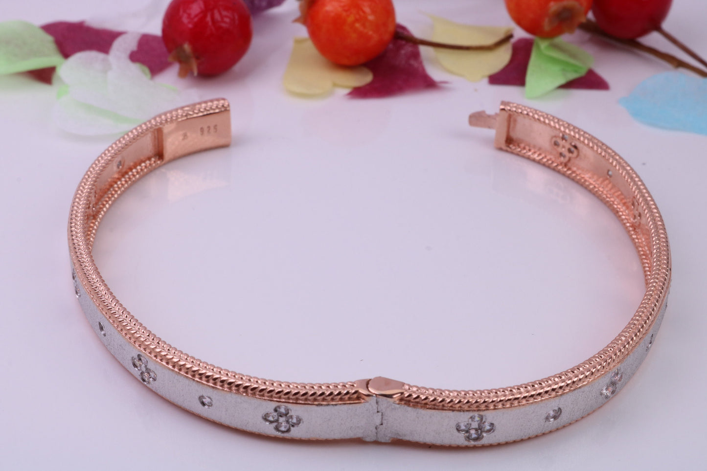 Hinged Bangle set with Diamond White Cubic Zirconia, Made from solid Sterling Silver, 18ct Rose Gold Plated, Matt Finished