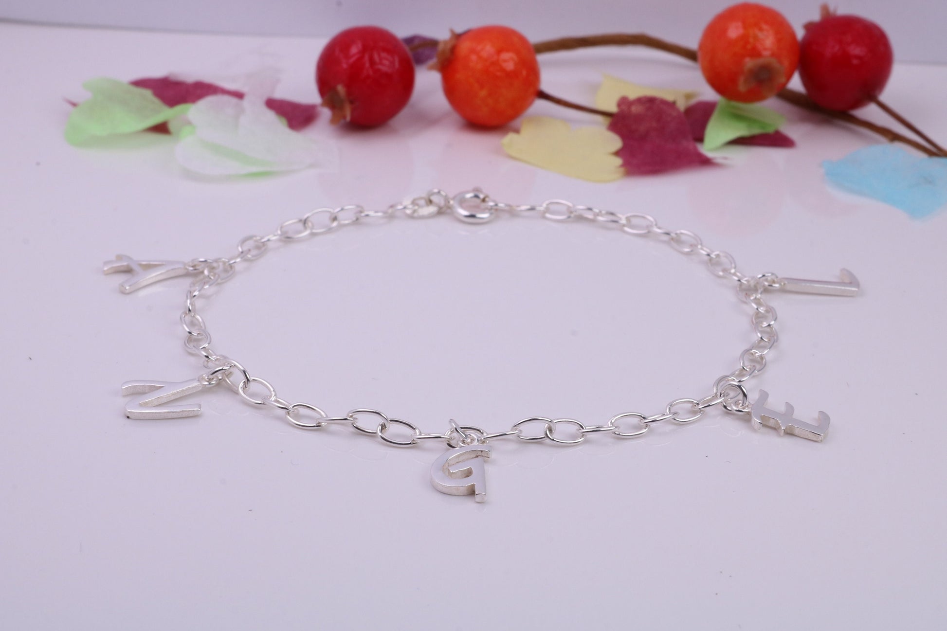 Initial Bracelet Reading Angel, made from solid Sterling Silver, 7.50 Inches Long