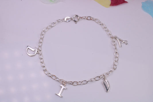 Diva Initial Bracelet Reading DIVA, made from solid Sterling Silver, 7.50 Inches Long