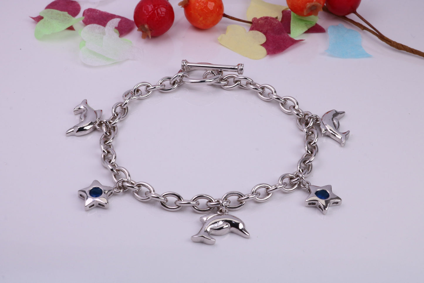 Ready to Wear Charms Bracelet, With Five Charms Attached, Made from solid Sterling Silver, 7.50 Inches Long, Good Weighty Feel