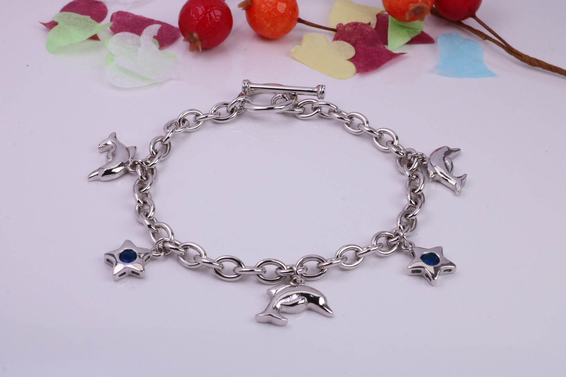 Ready to Wear Charms Bracelet, With Five Charms Attached, Made from solid Sterling Silver, 7.50 Inches Long, Good Weighty Feel