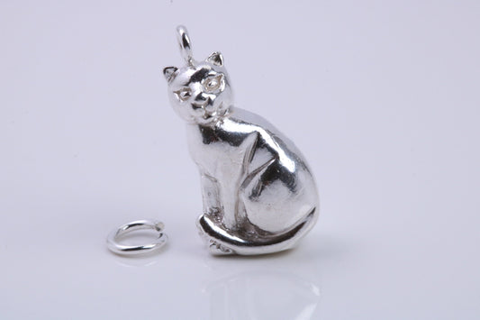 Large Sitting Cat Charm, Traditional Charm, Made from Solid 925 Grade Sterling Silver, Complete with Attachment Link
