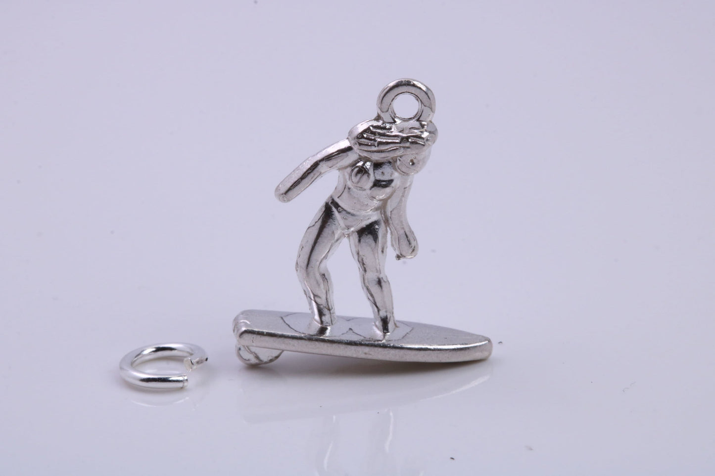 Surfing Girl Charm, Traditional Charm, Made from Solid 925 Grade Sterling Silver, Complete with Attachment Link