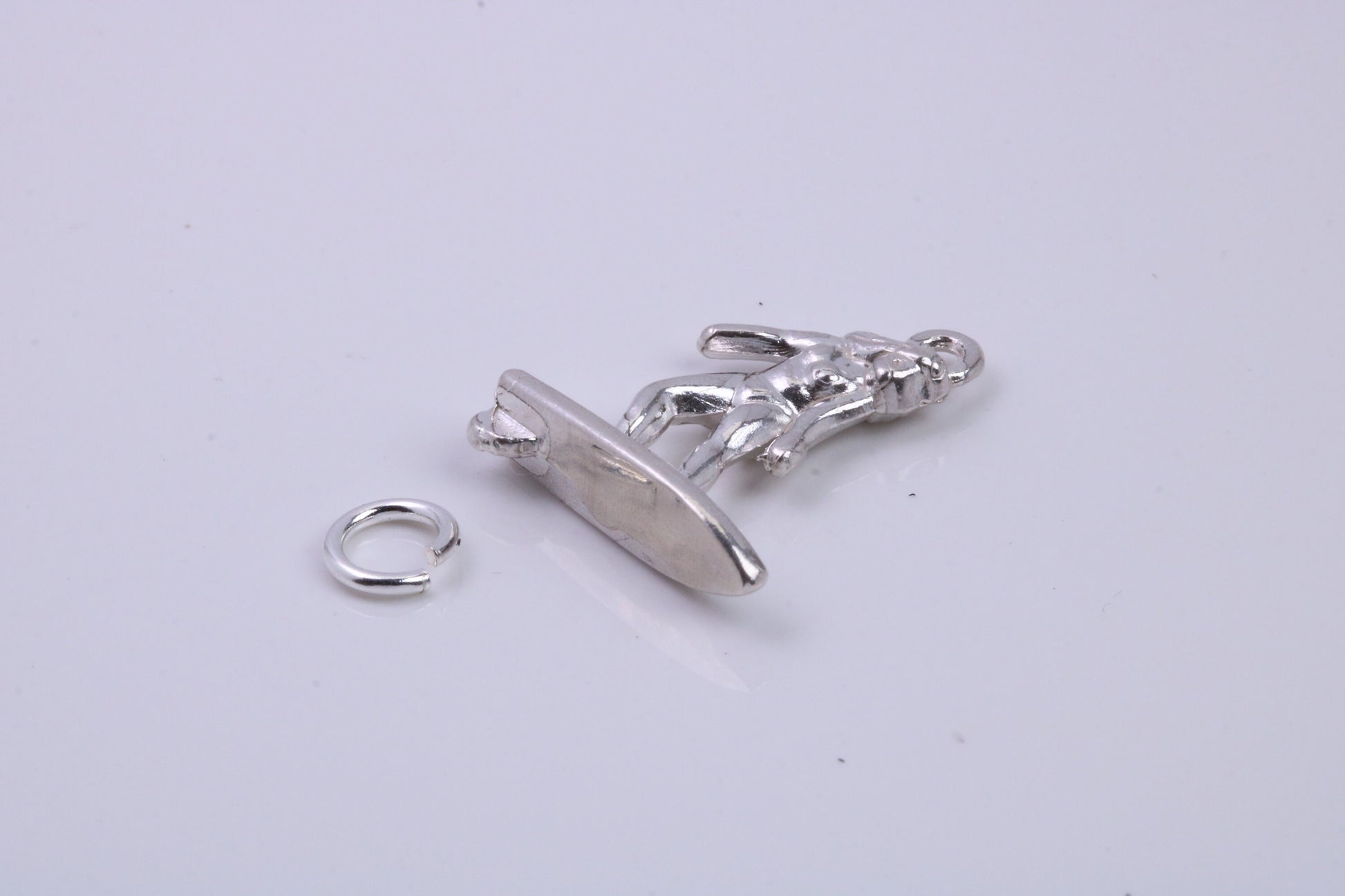 Surfing Girl Charm, Traditional Charm, Made from Solid 925 Grade Sterling Silver, Complete with Attachment Link