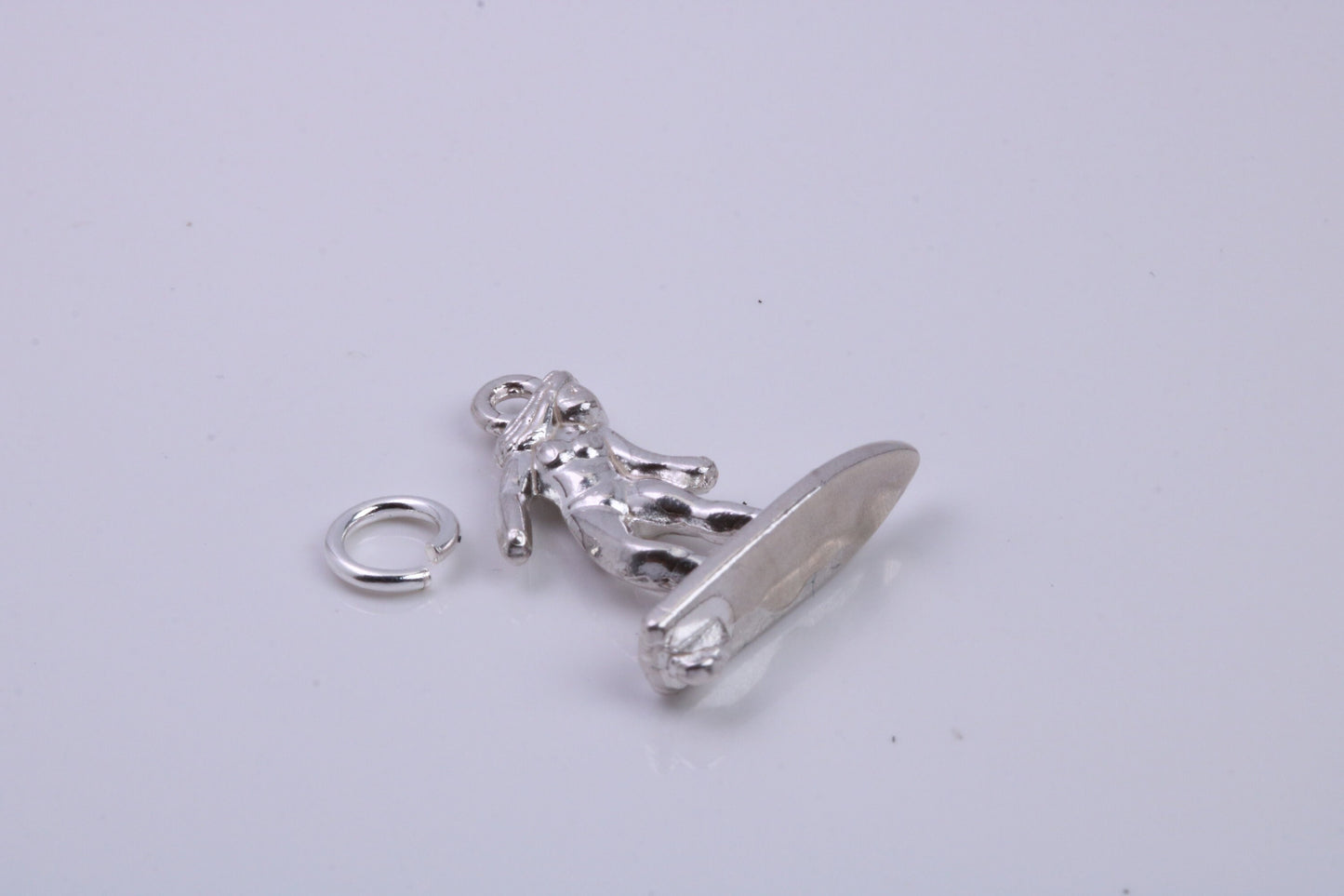 Surfing Girl Charm, Traditional Charm, Made from Solid 925 Grade Sterling Silver, Complete with Attachment Link